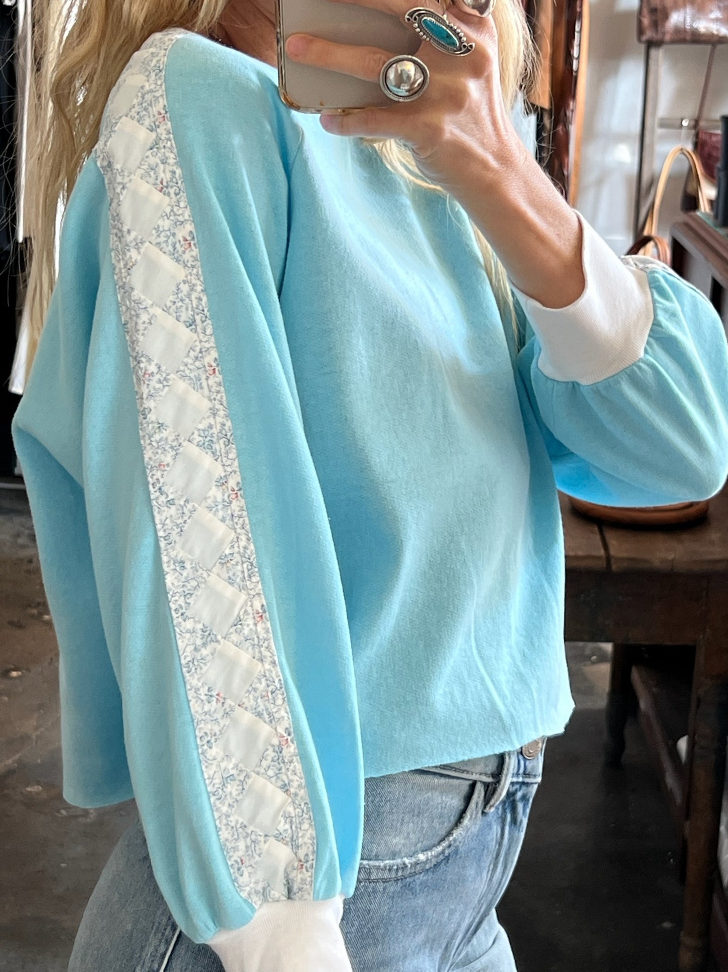 Vintage Quilt-Detail Crop Sweatshirt