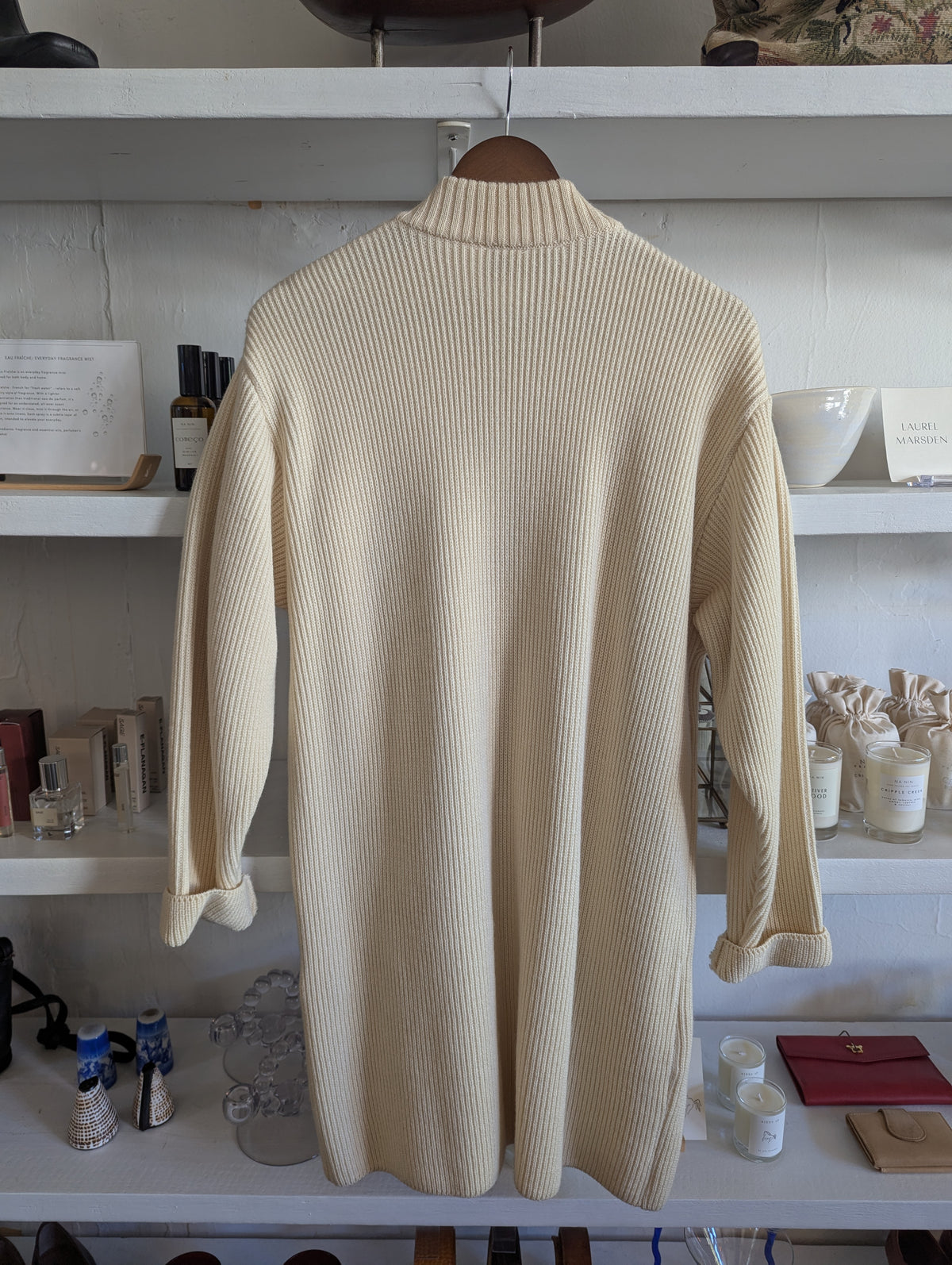 Vintage Ivory Heavy New Wool Long Ribbed Cardigan Sweater