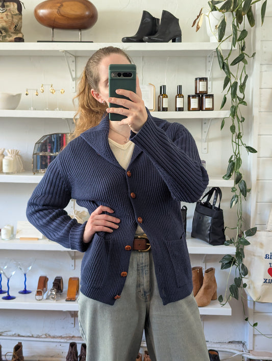 Vintage Navy Rib Knit Shawl Cardigan Sweater