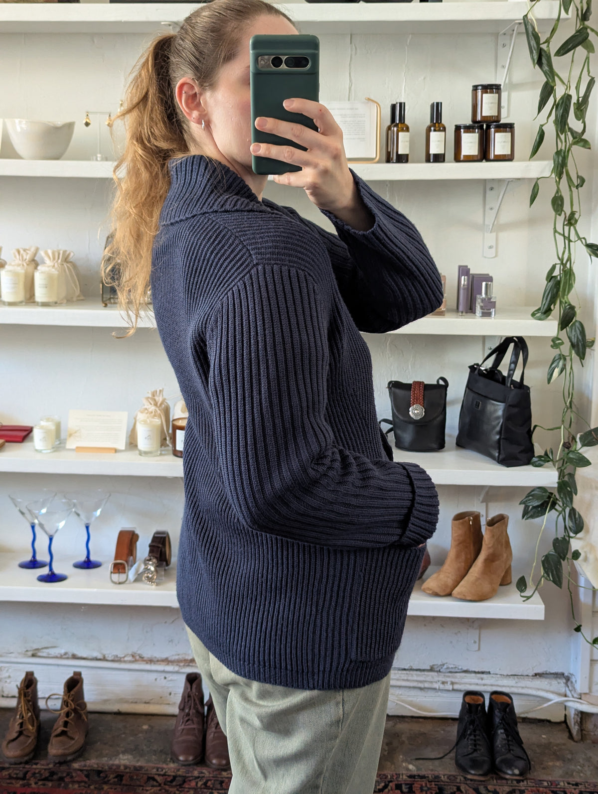 Vintage Navy Rib Knit Shawl Cardigan Sweater
