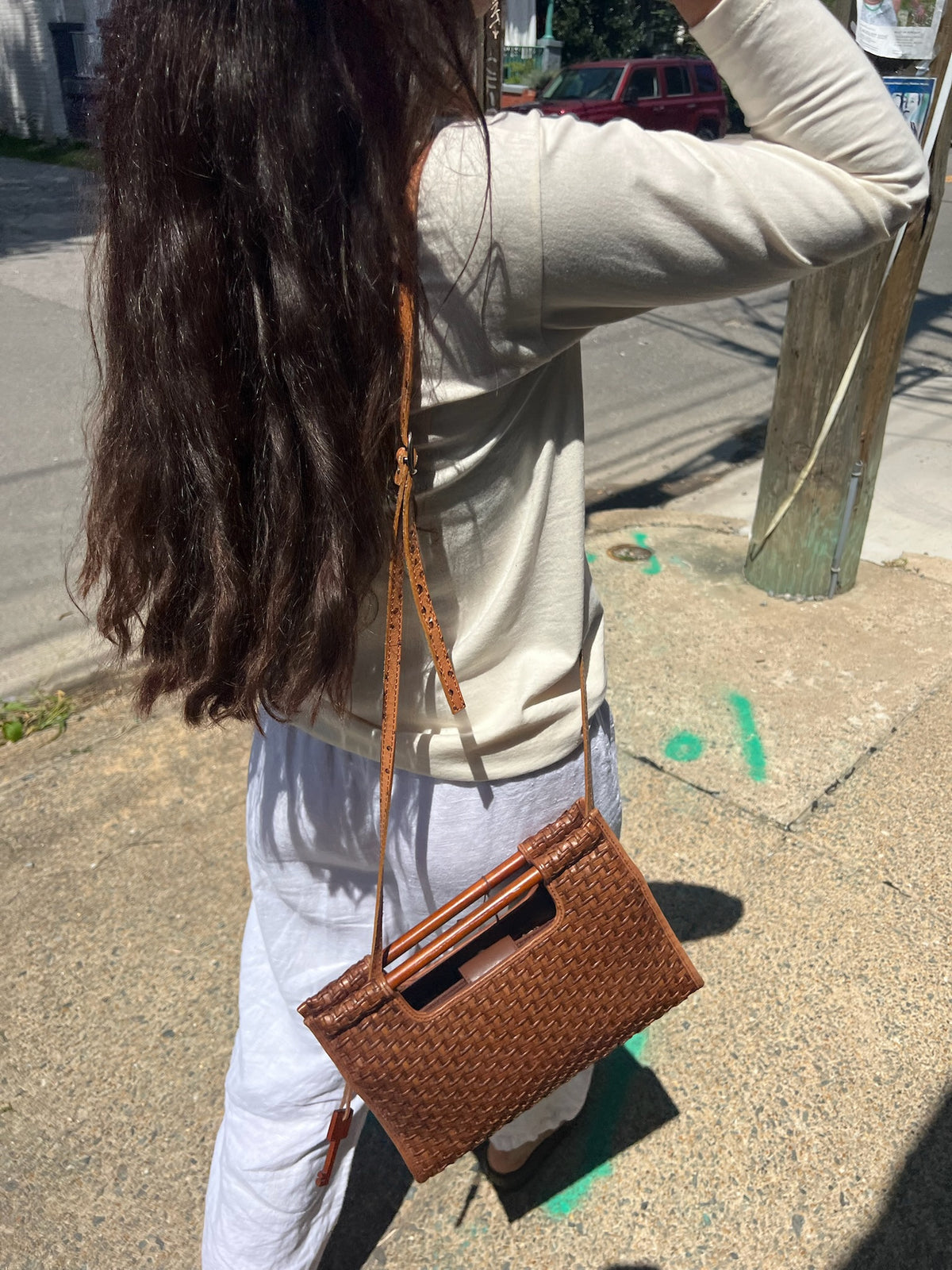 Vintage Fossil Woven Purse With Wood Handles