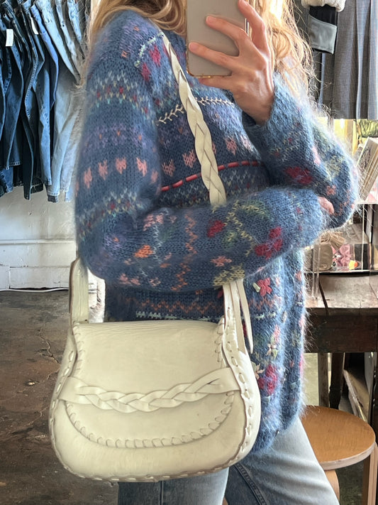 Vintage Cream Braided Leather Boho Western Flap-Closure Purse