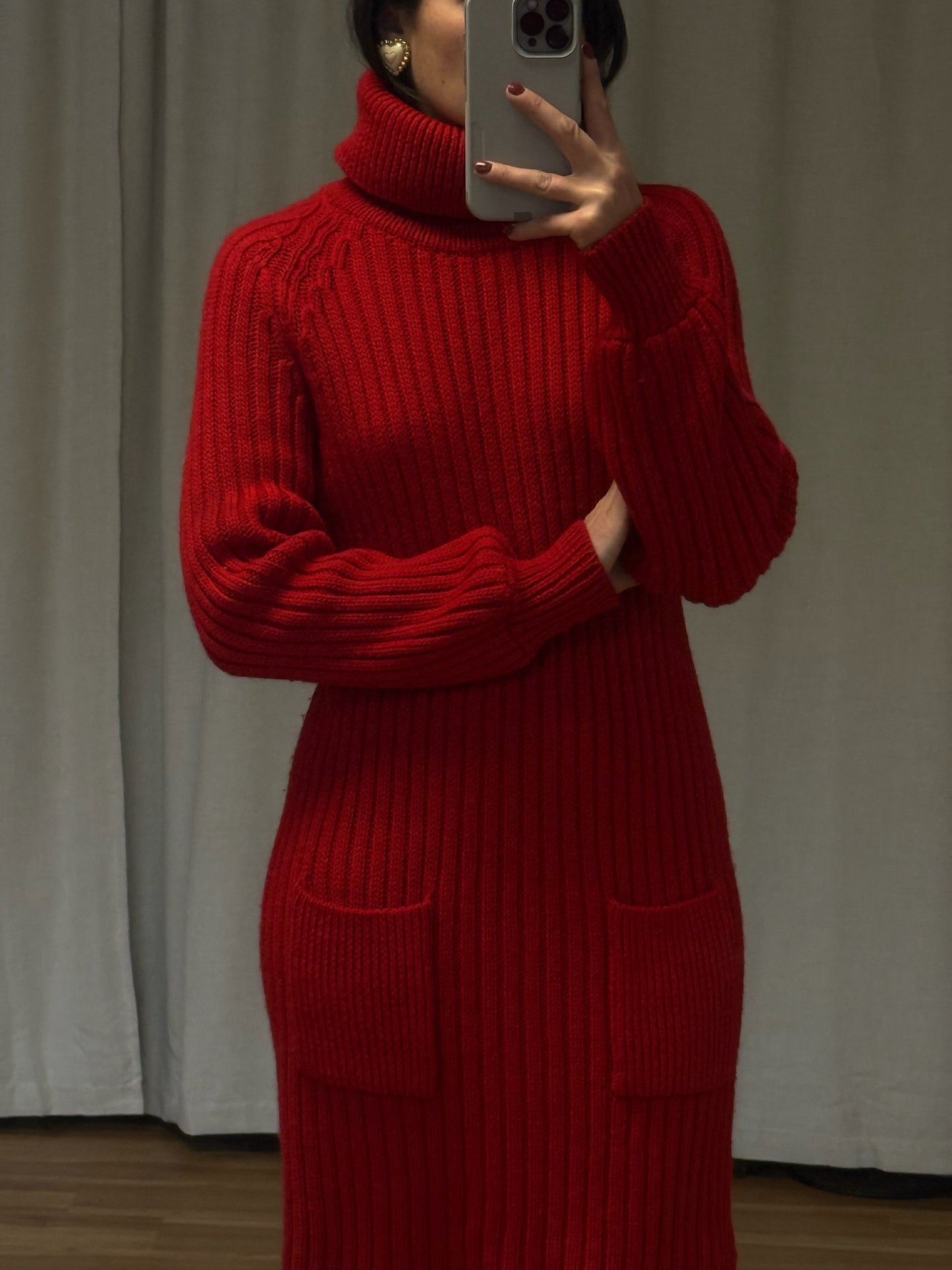 Vintage Crimson Ribbed Knit Wool Dress