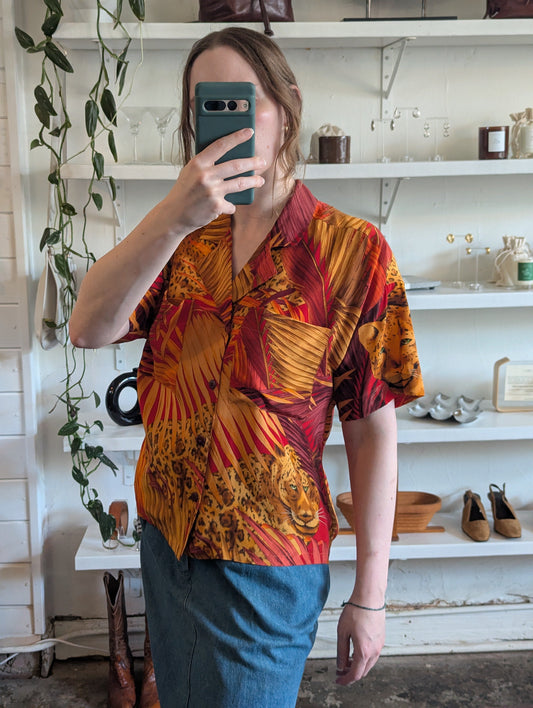 Vintage Jungle Leopard Silk Top