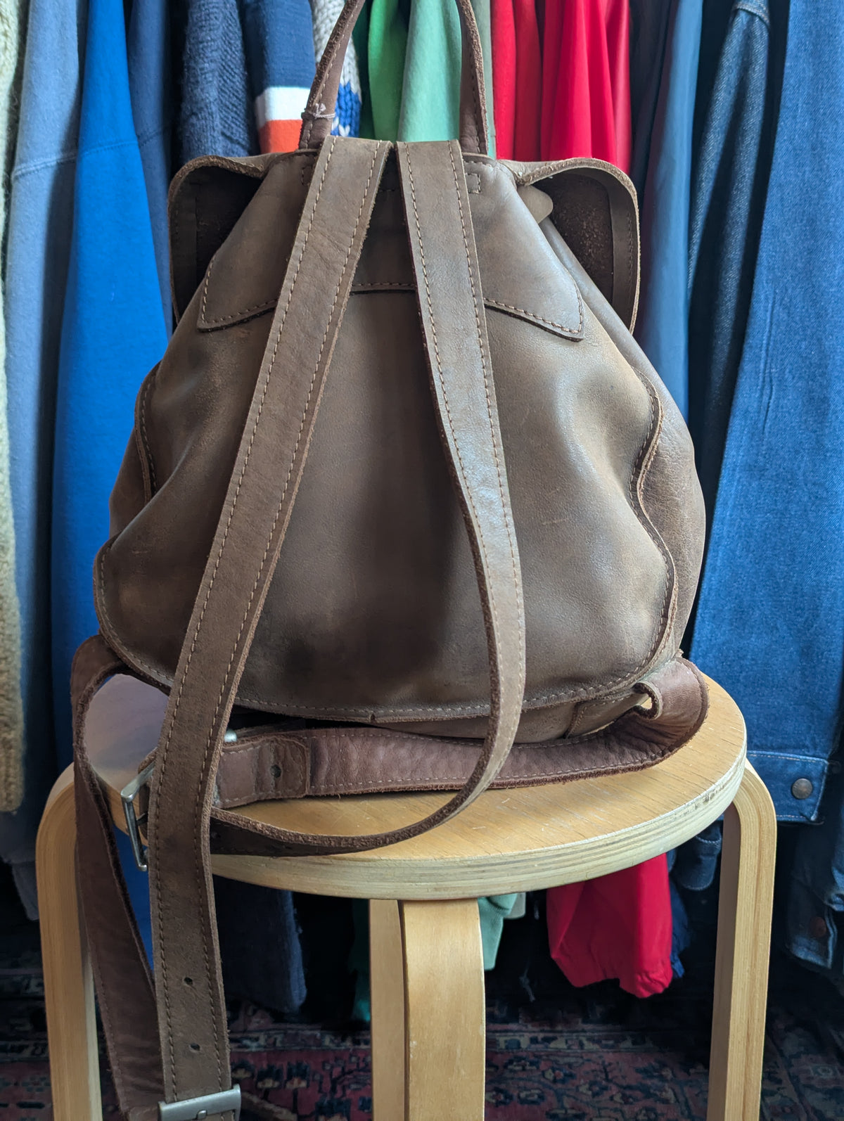 Vintage Rounded Leather Buckled Flap Backpack
