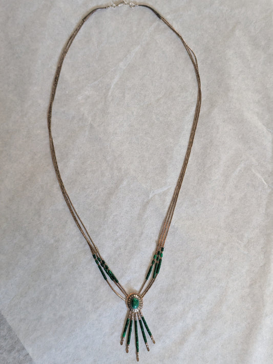 Vintage Malachite and Silver Fringe Pendant Multi-Strand Necklace