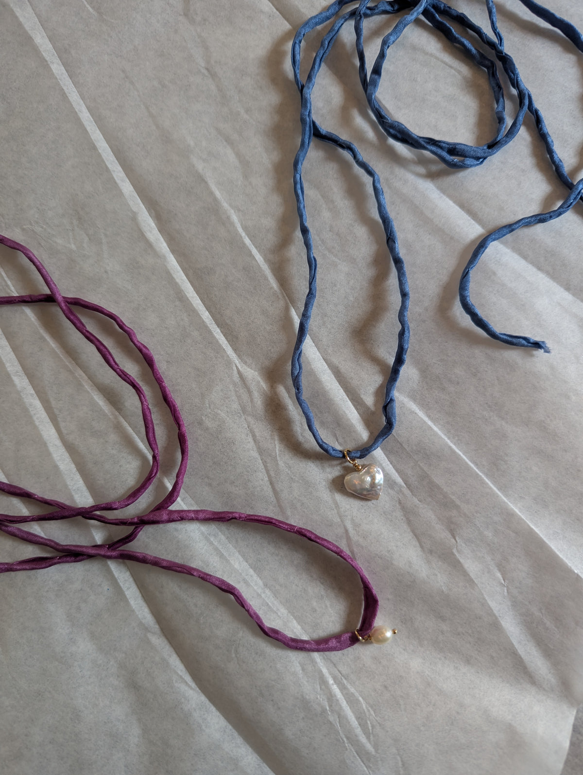 Pearl Heart and Silk Necklace by giantlion