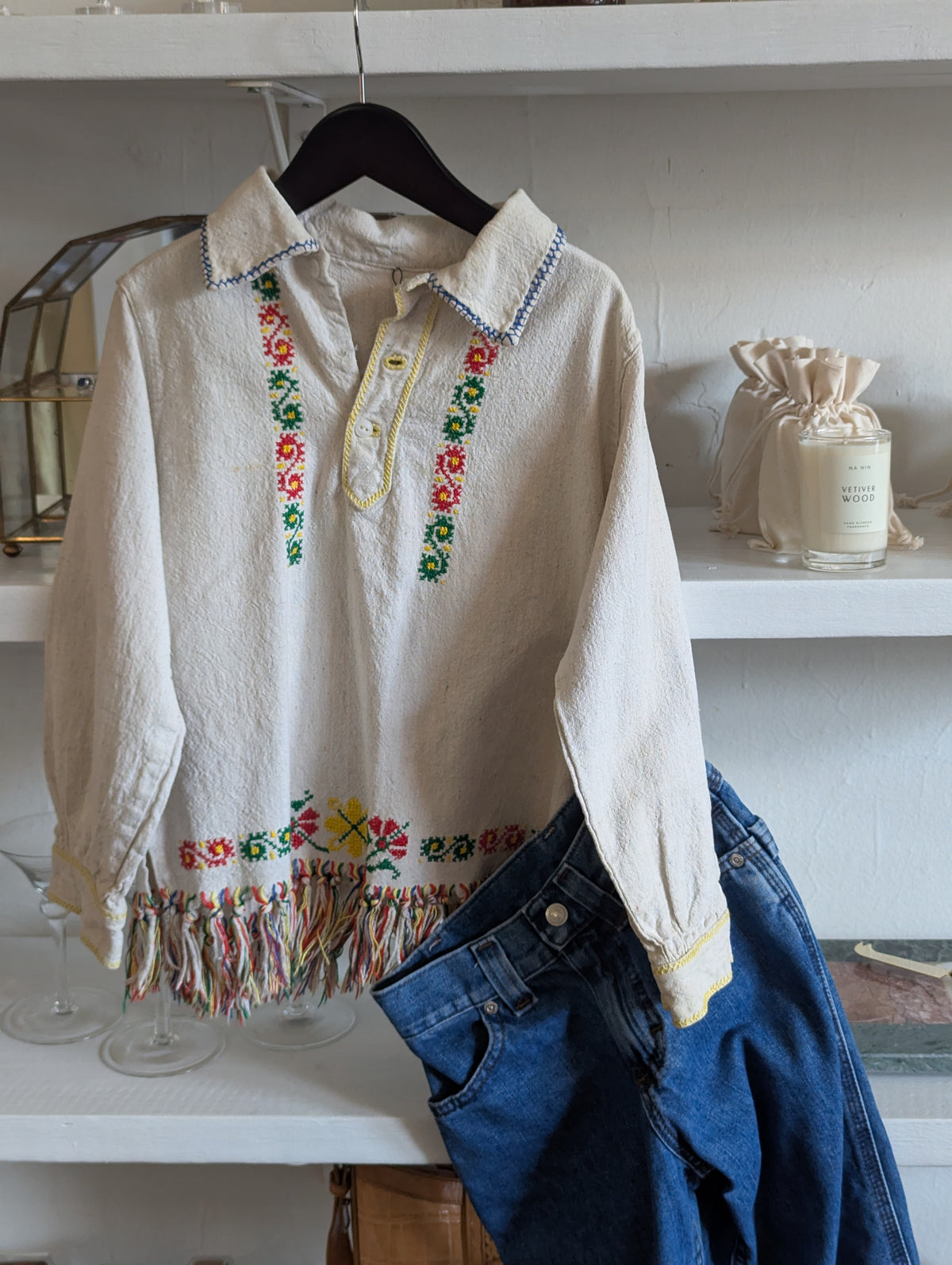 Vintage Kids Cross Stitched Folk Tassel Top
