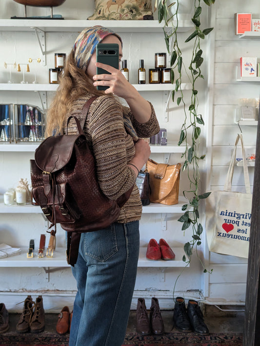 Vintage Woven Burgundy Brown Leather Backpack