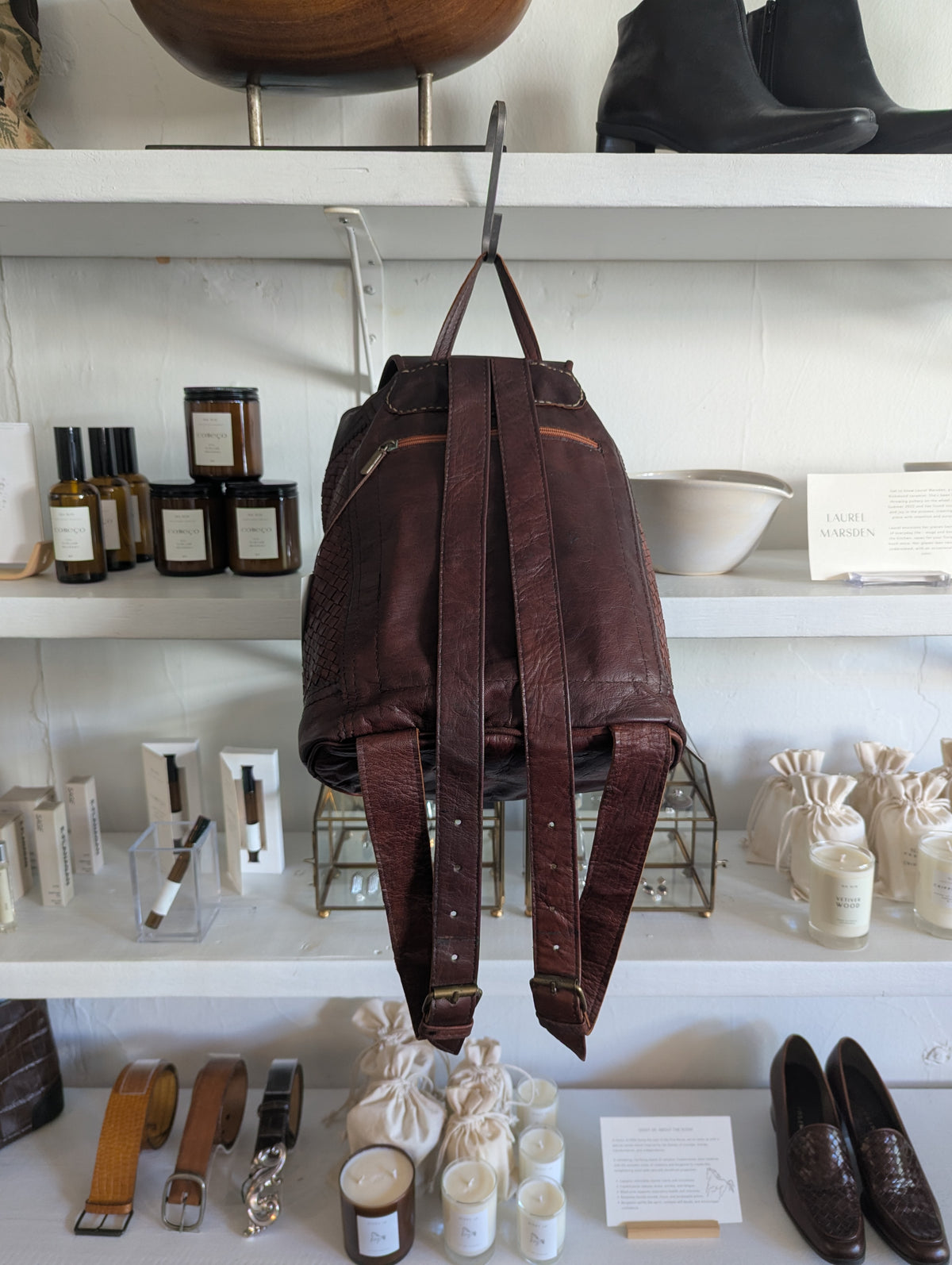 Vintage Woven Burgundy Brown Leather Backpack
