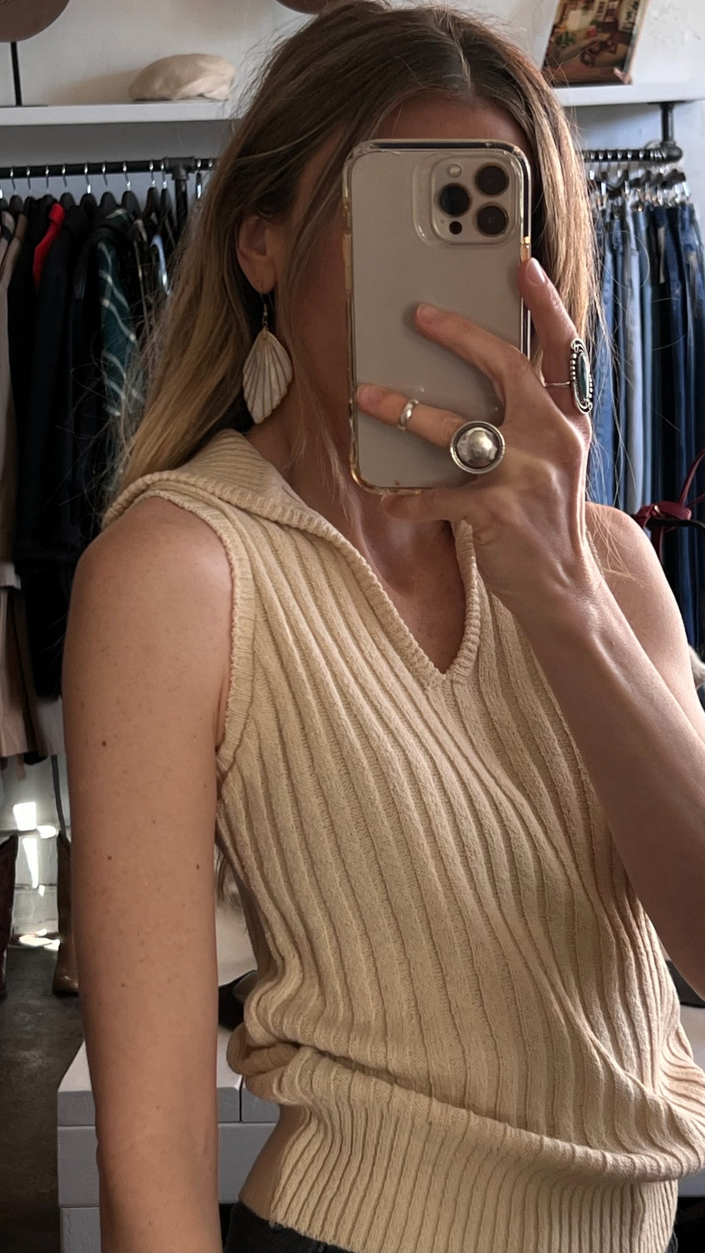 Vintage Ivory Ribbed-Knit Vest