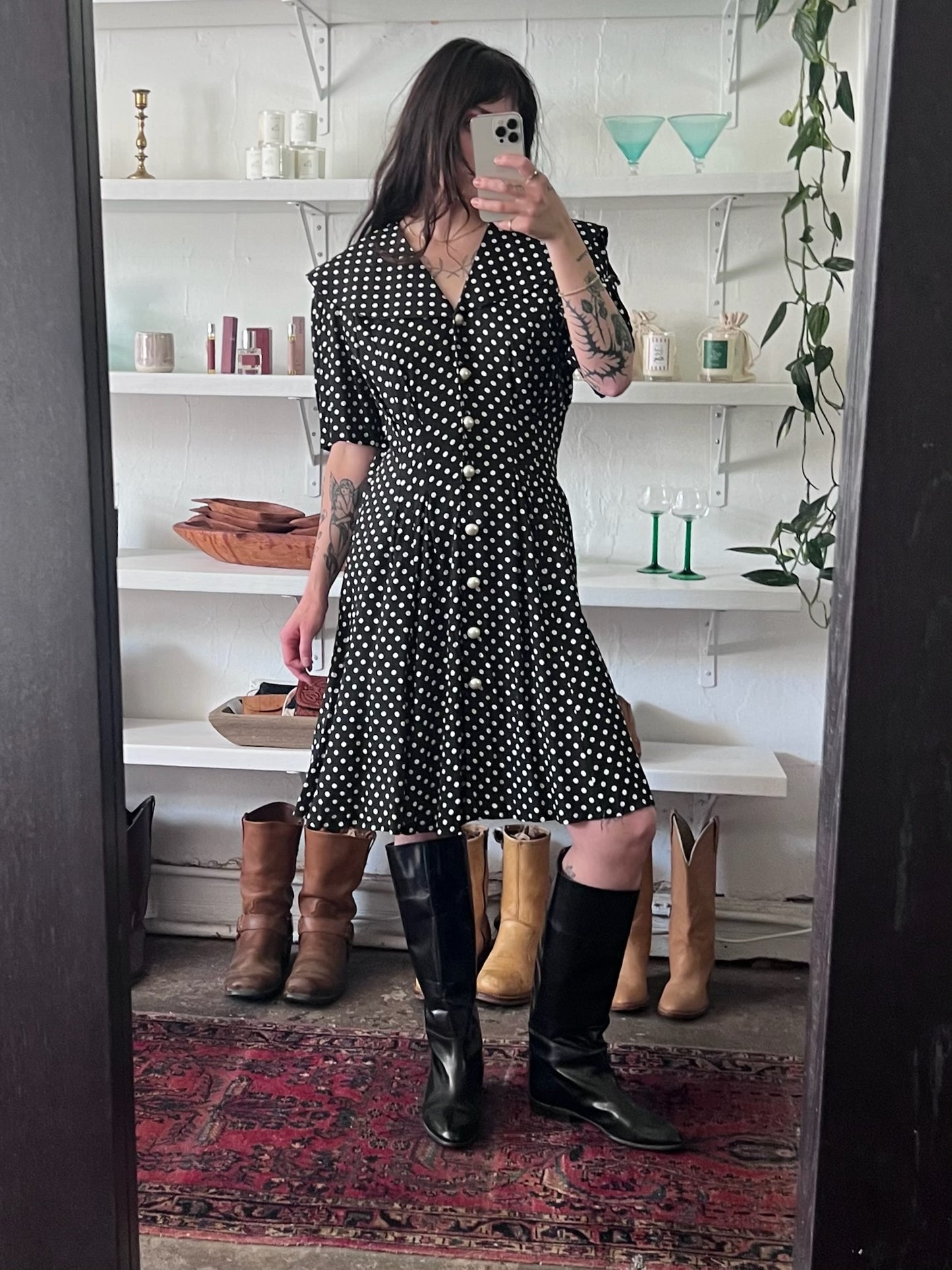Vintage Ivory and Onyx Polka Dot Dress