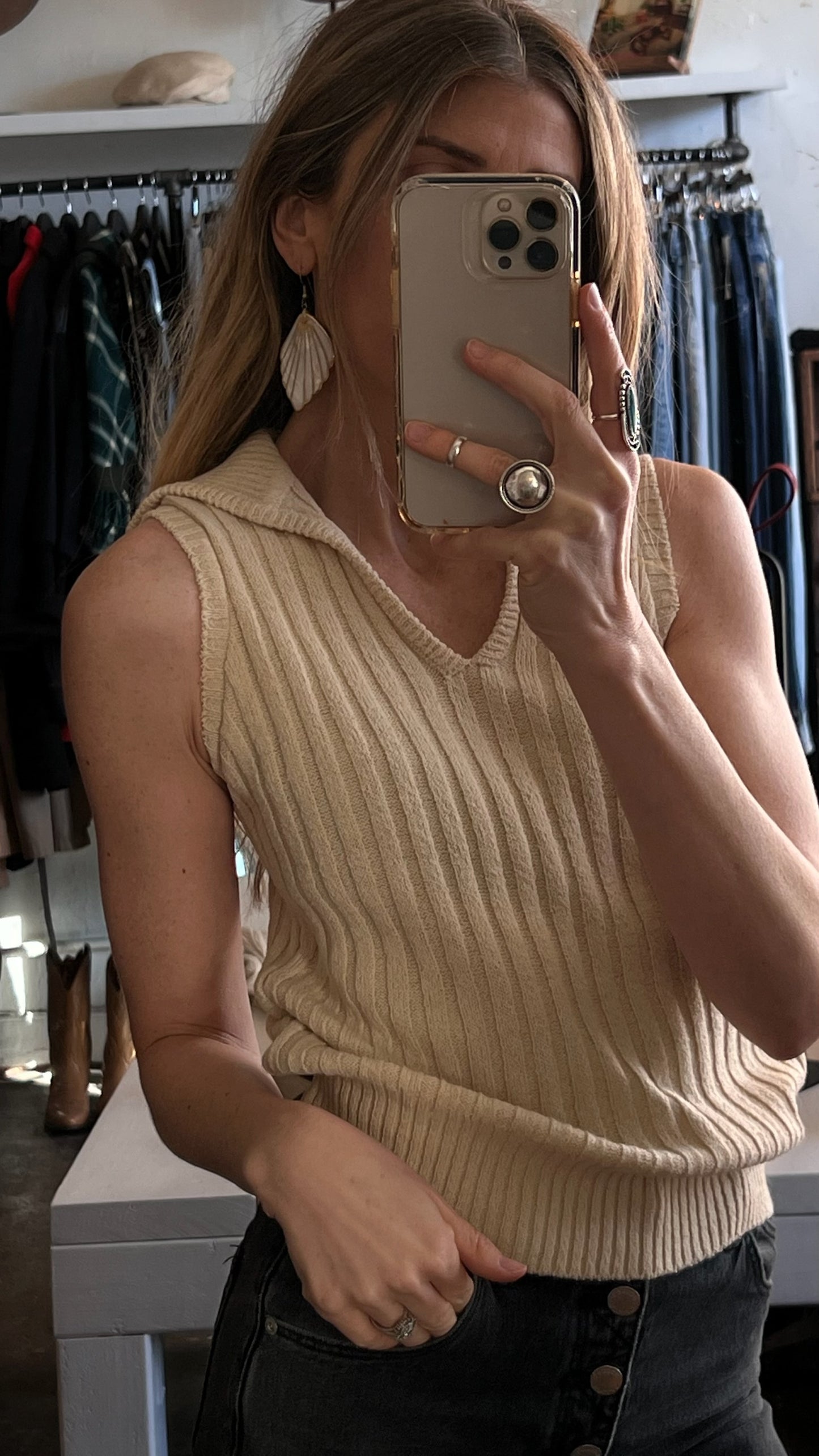 Vintage Ivory Ribbed-Knit Vest