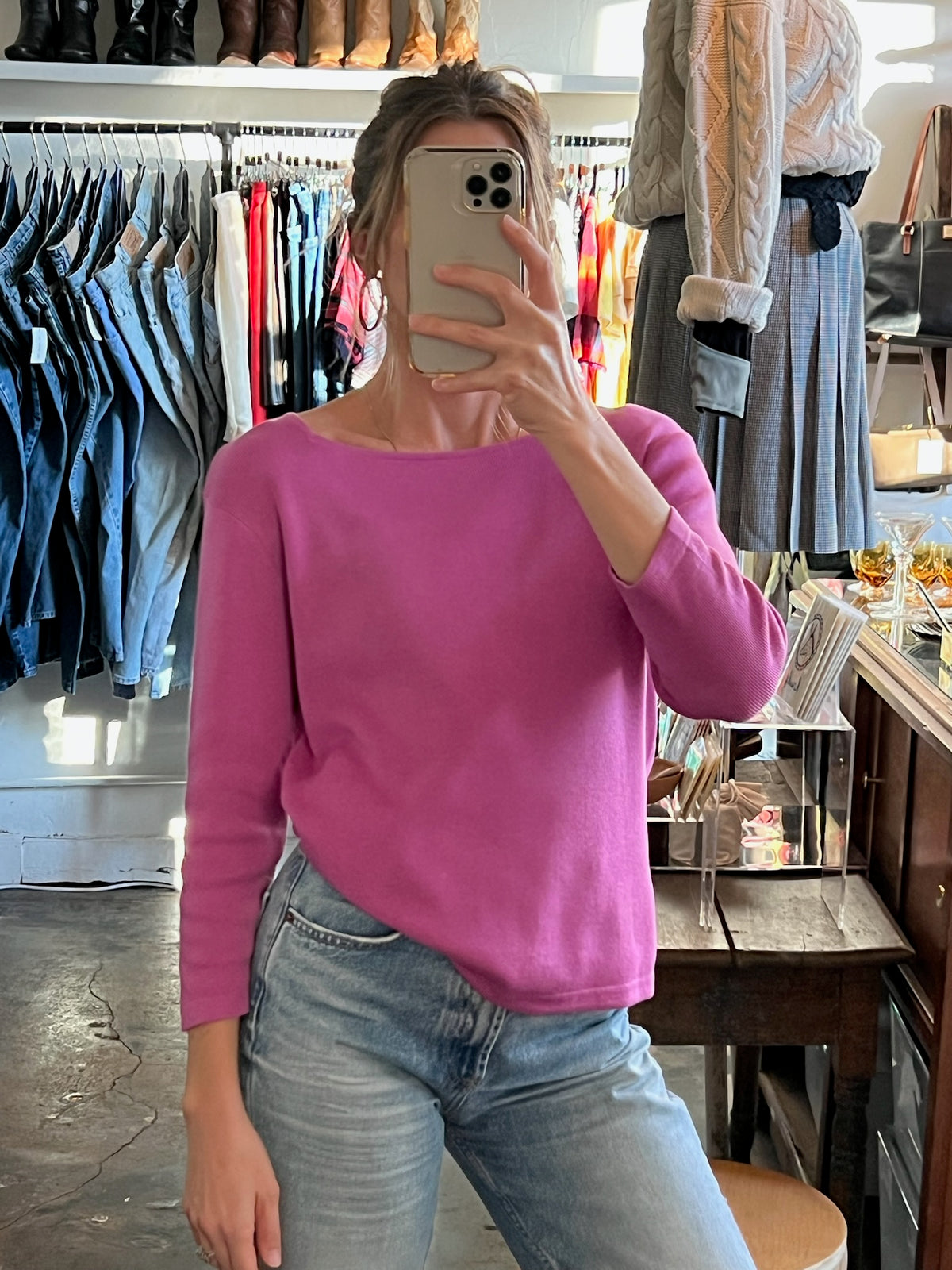 Vintage Silk-Cotton Square Neck Knit Top