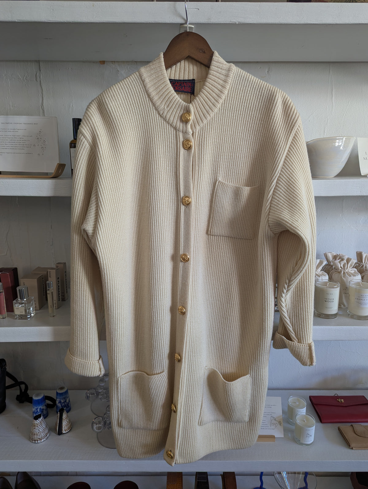 Vintage Ivory Heavy New Wool Long Ribbed Cardigan Sweater