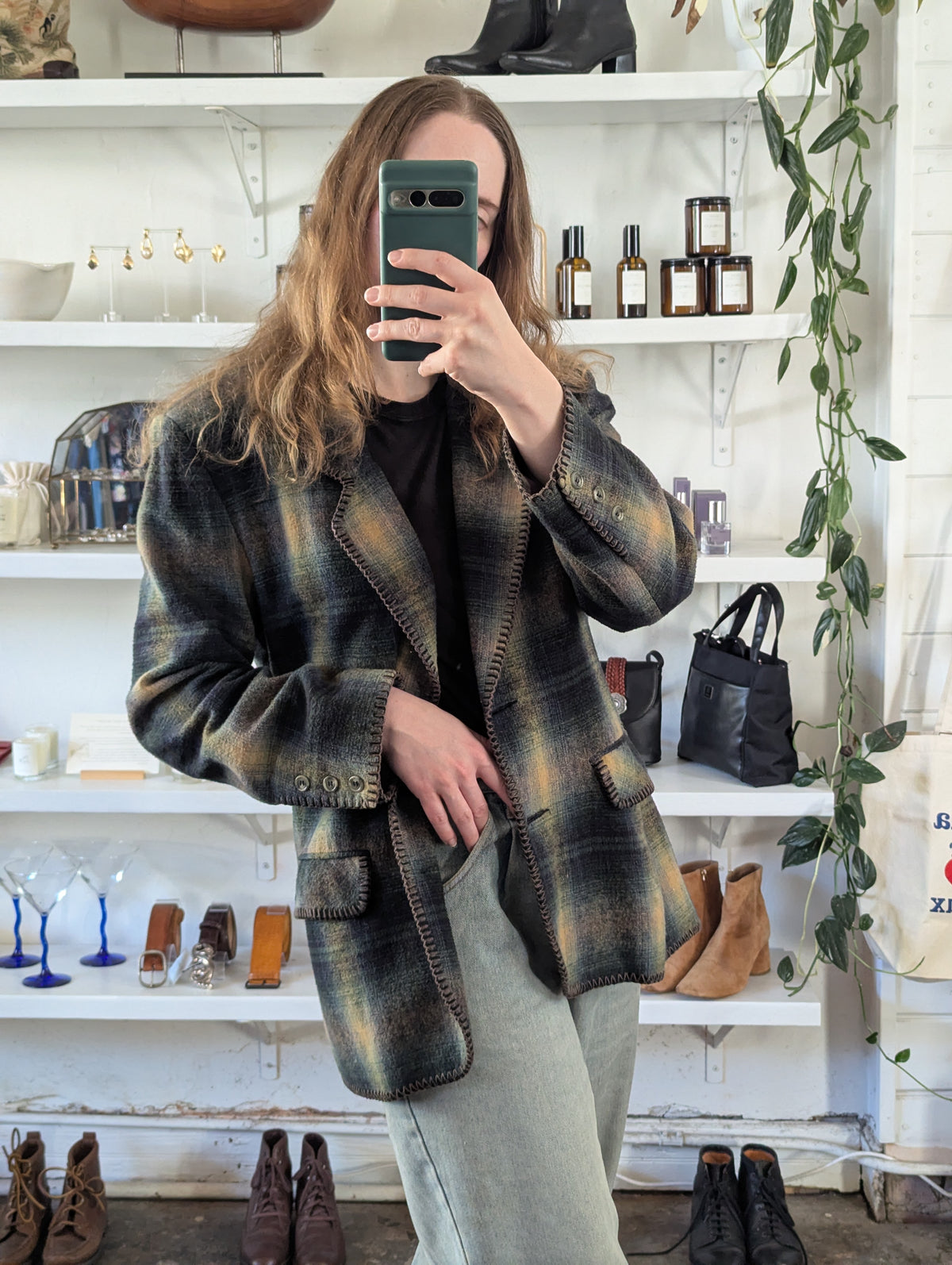 Vintage Plaid Flannel Blanket Stitch Blazer Coat
