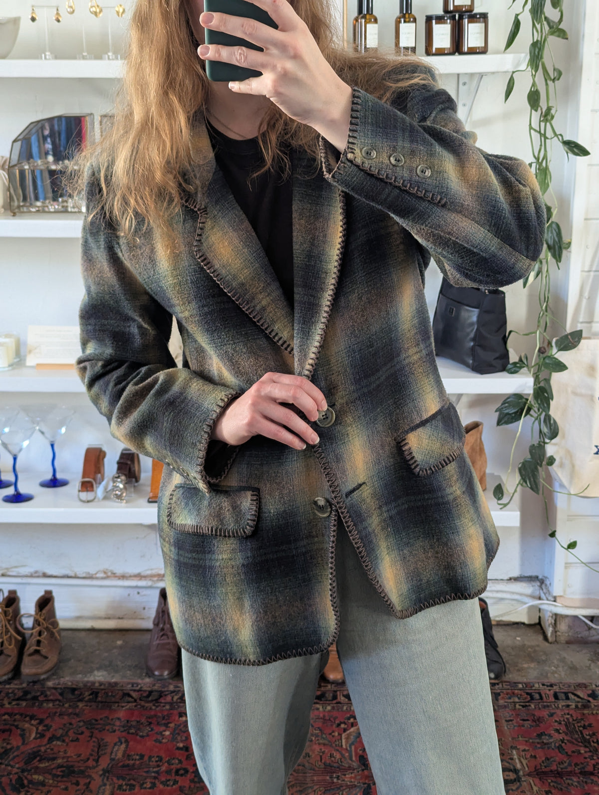Vintage Plaid Flannel Blanket Stitch Blazer Coat