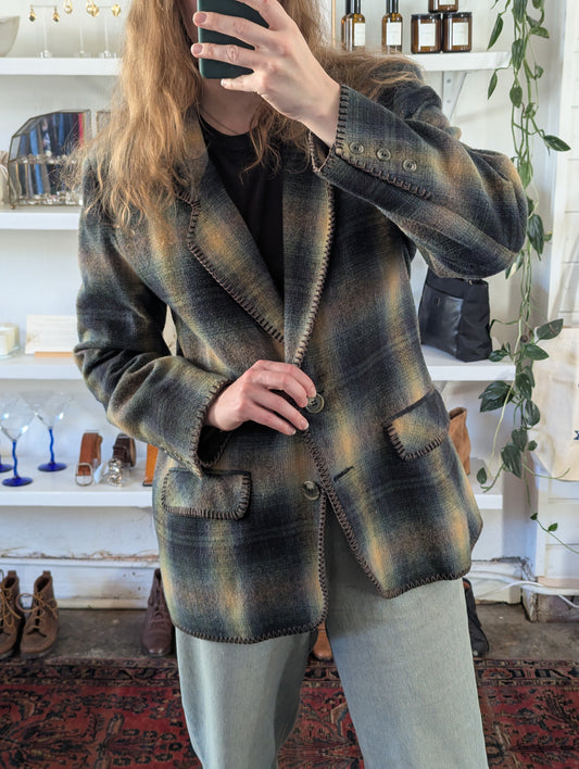 Vintage Plaid Flannel Blanket Stitch Blazer Coat
