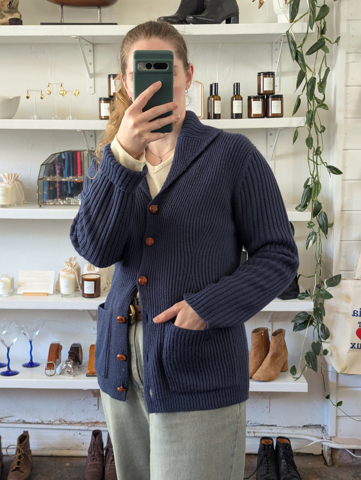 Vintage Navy Rib Knit Shawl Cardigan Sweater