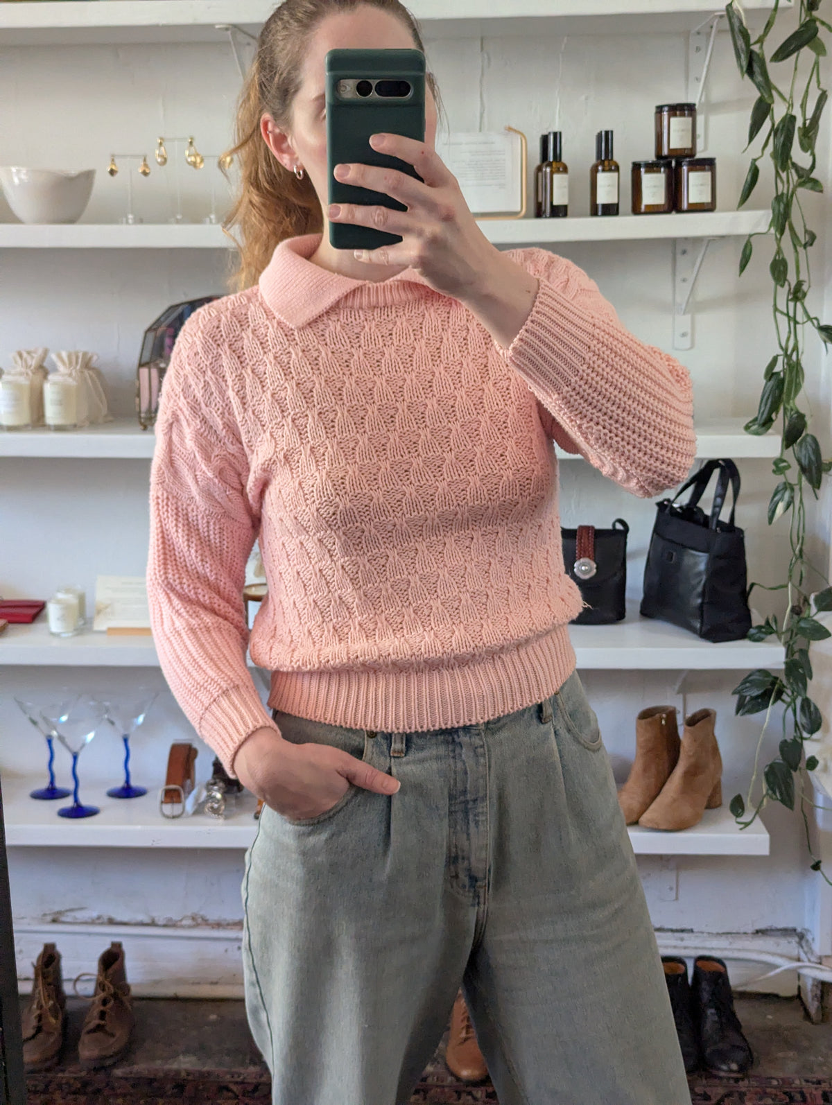 Vintage Textured Knit Baby Pink Collared Sweater