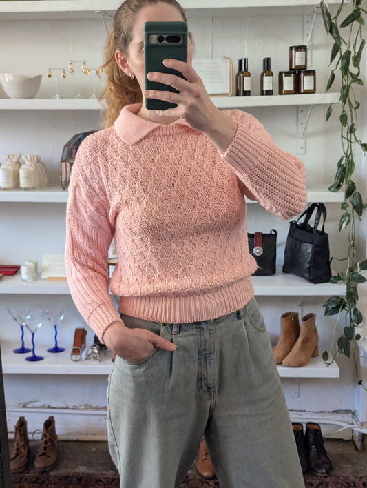 Vintage Textured Knit Baby Pink Collared Sweater