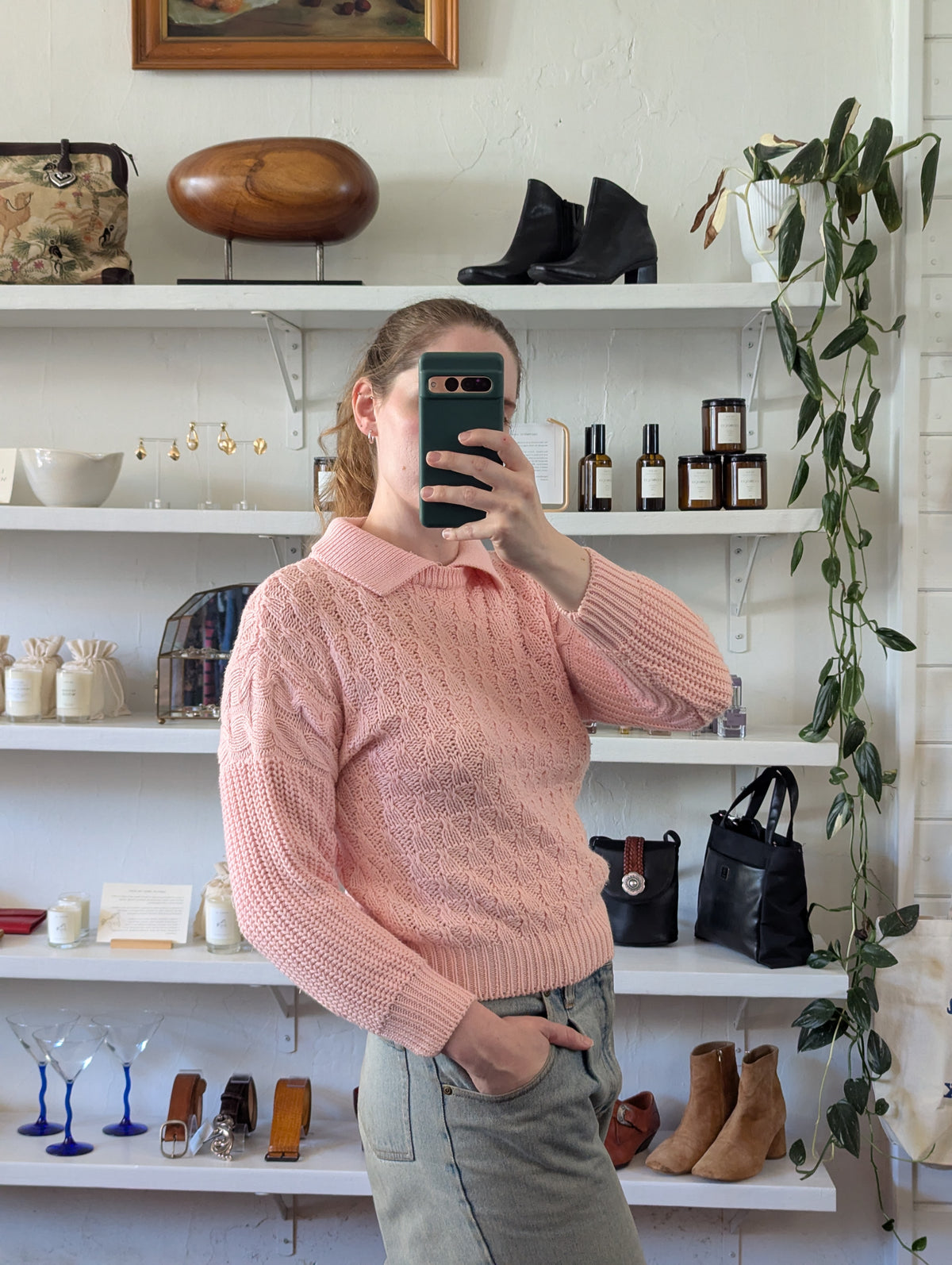 Vintage Textured Knit Baby Pink Collared Sweater