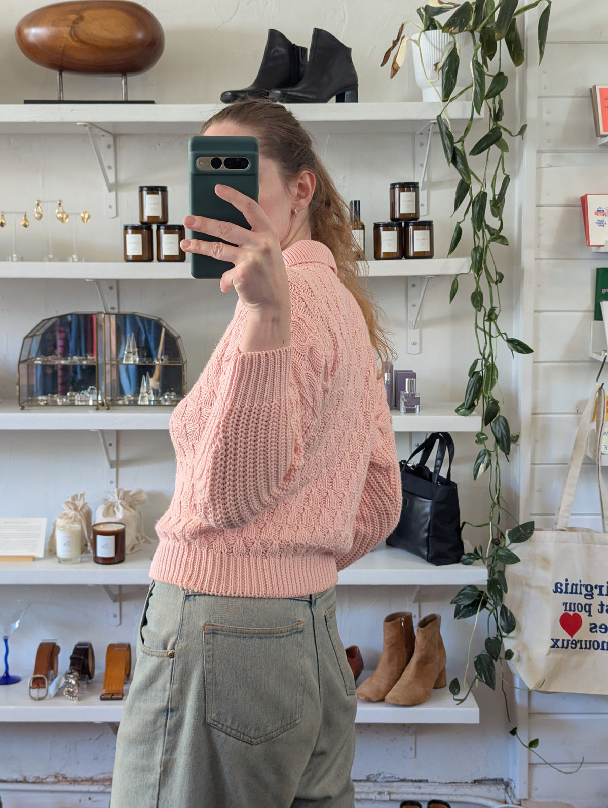 Vintage Textured Knit Baby Pink Collared Sweater