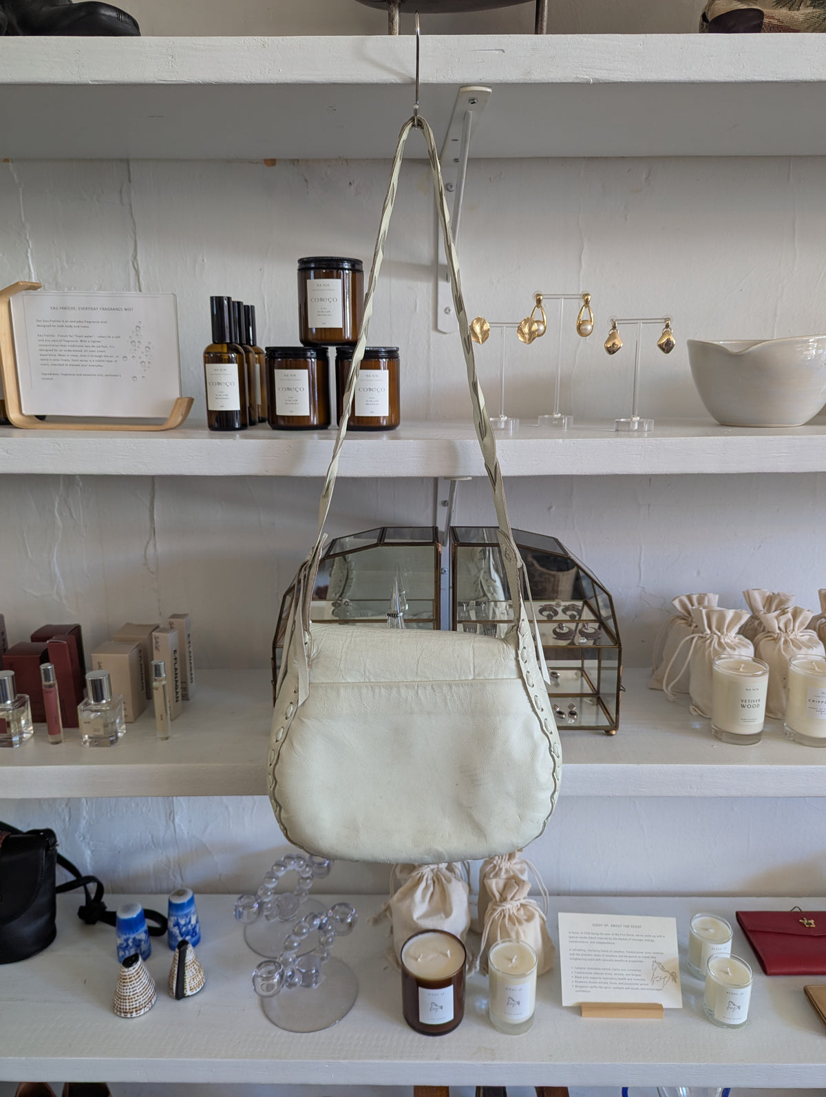 Vintage Cream Braided Leather Boho Western Flap-Closure Purse