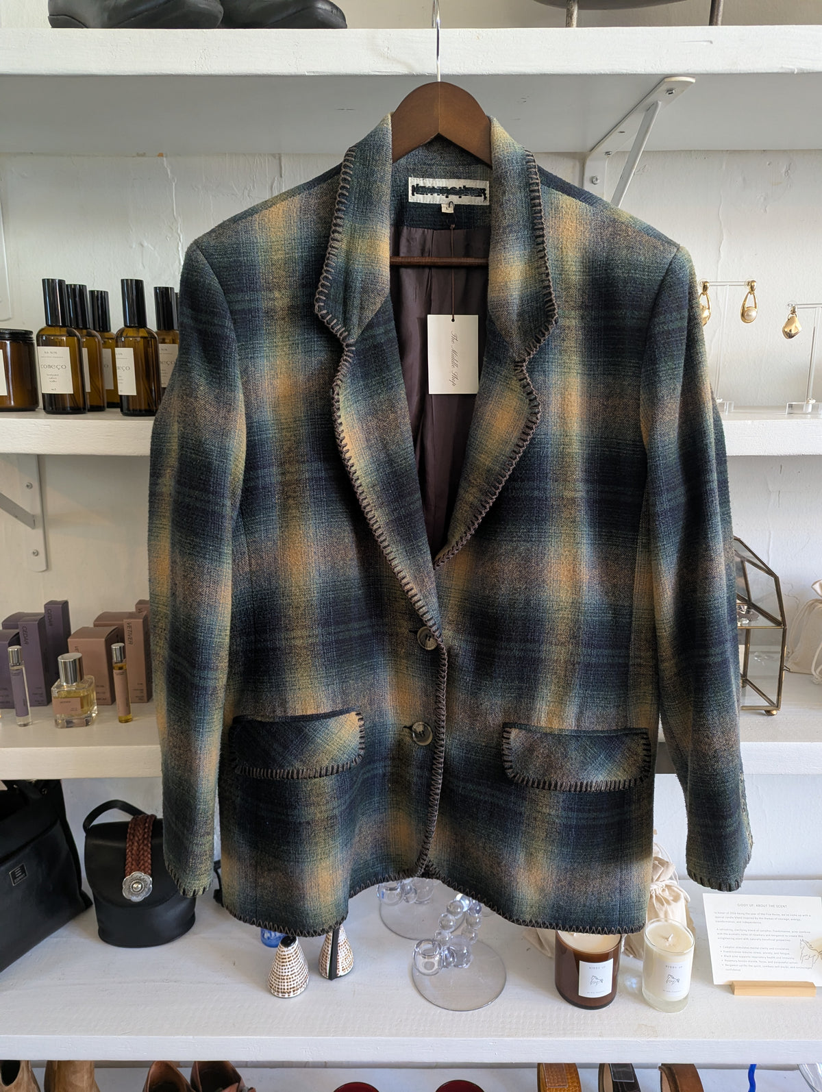 Vintage Plaid Flannel Blanket Stitch Blazer Coat