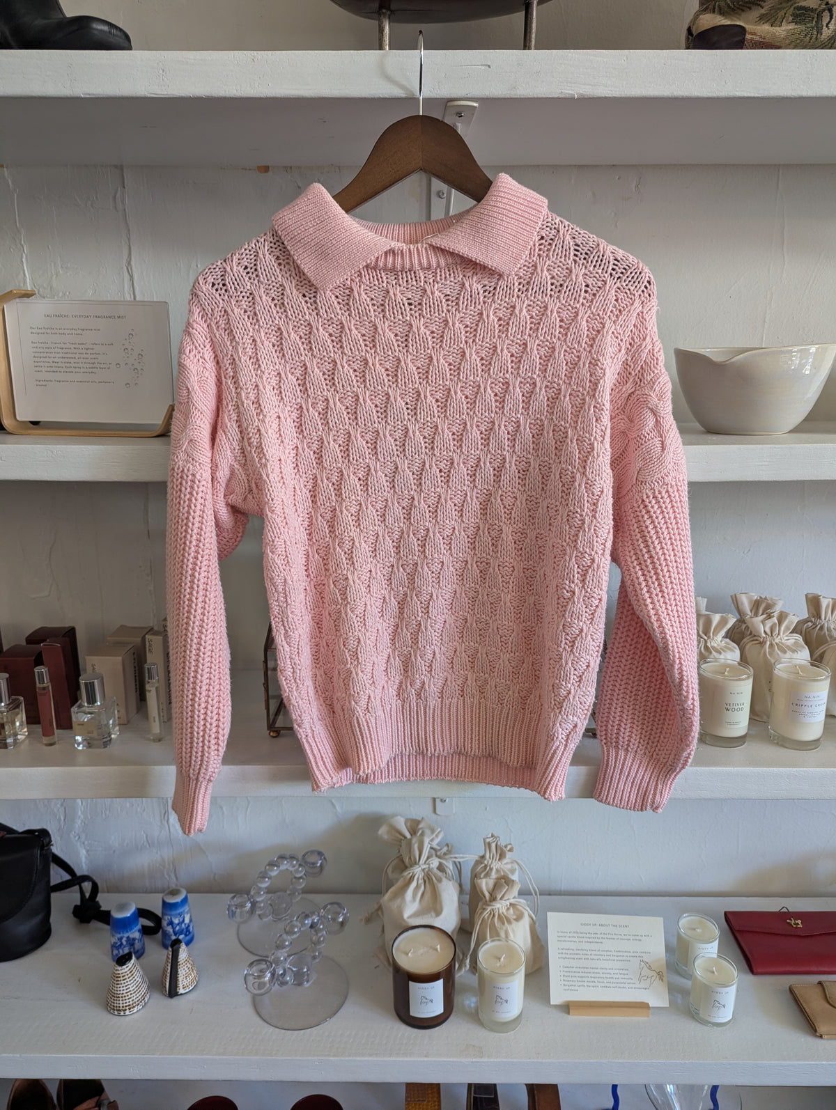 Vintage Textured Knit Baby Pink Collared Sweater