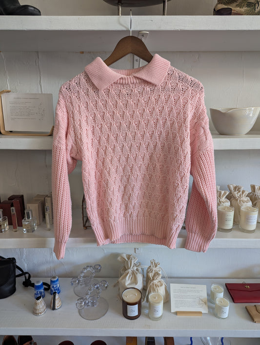 Vintage Textured Knit Baby Pink Collared Sweater