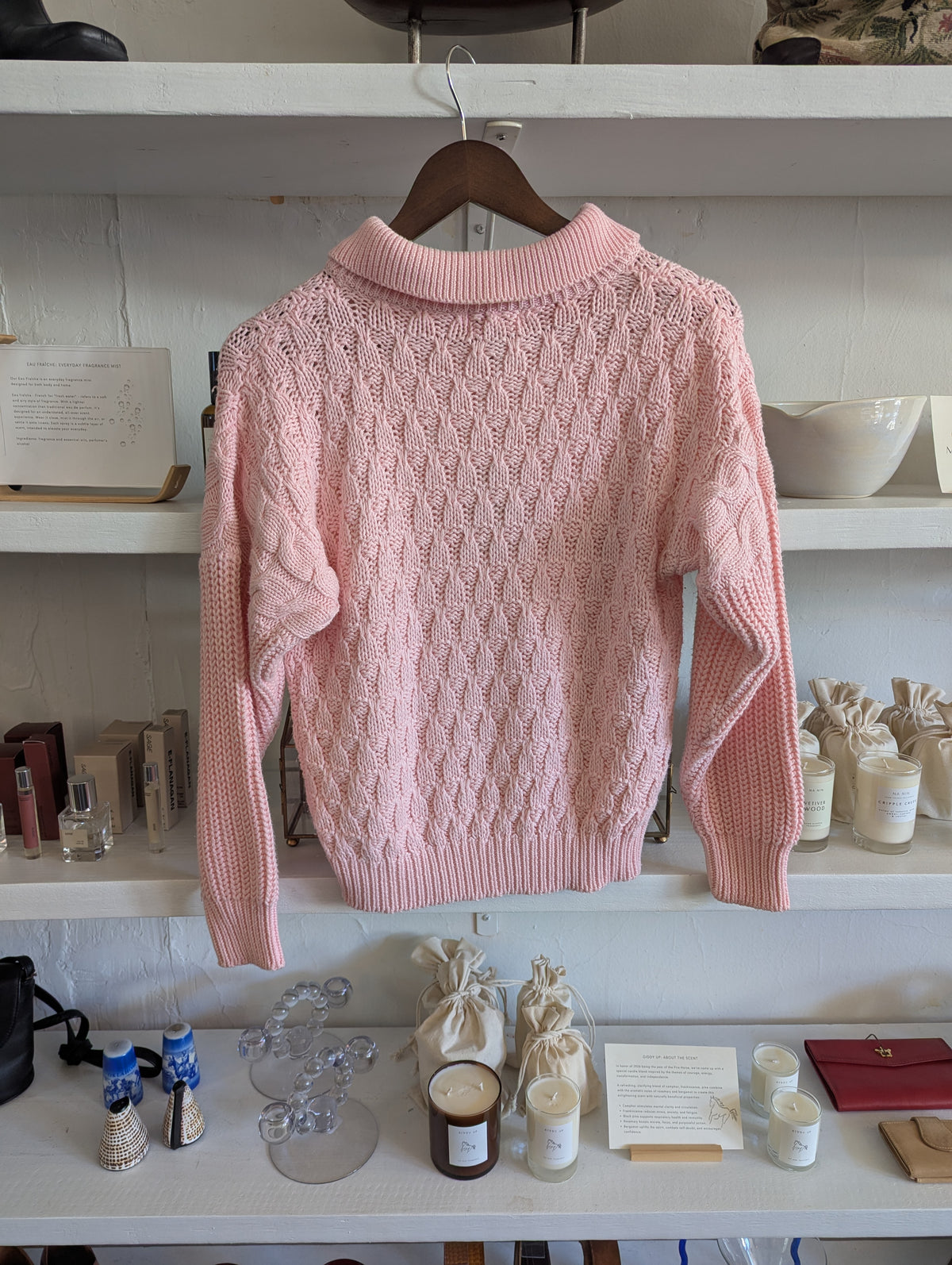 Vintage Textured Knit Baby Pink Collared Sweater