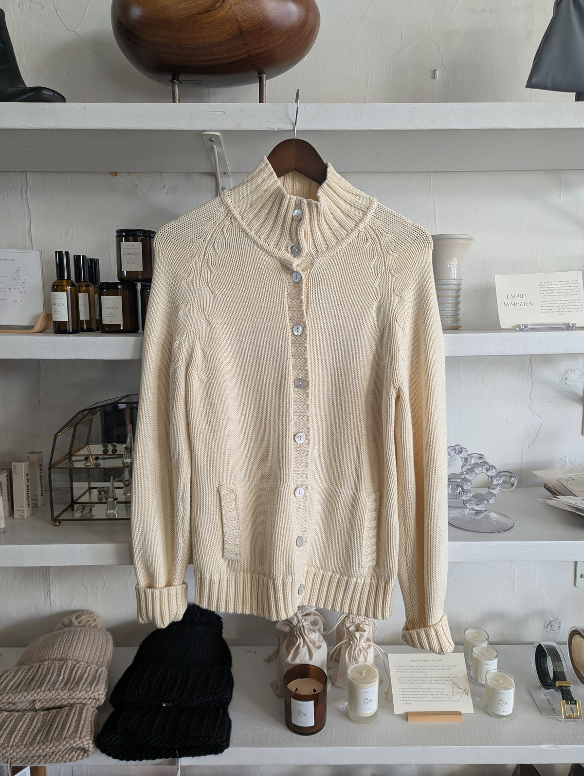 Vintage Ivory Convertible Stand-Collar Cotton Cardigan Sweater