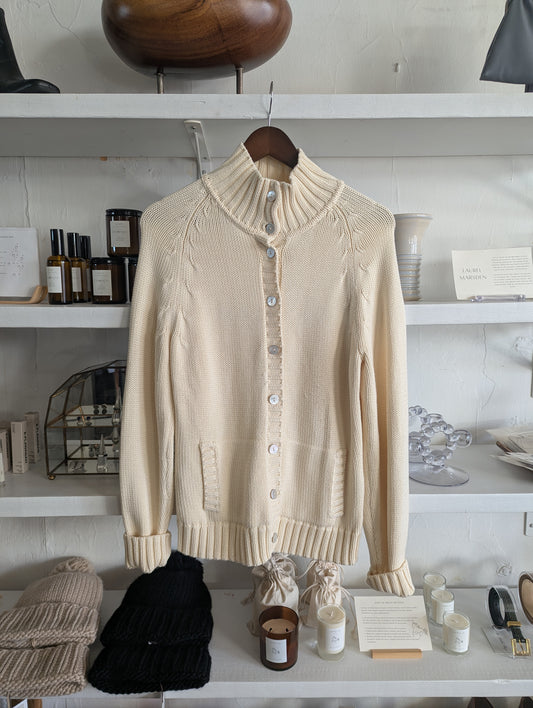 Vintage Ivory Convertible Stand-Collar Cotton Cardigan Sweater