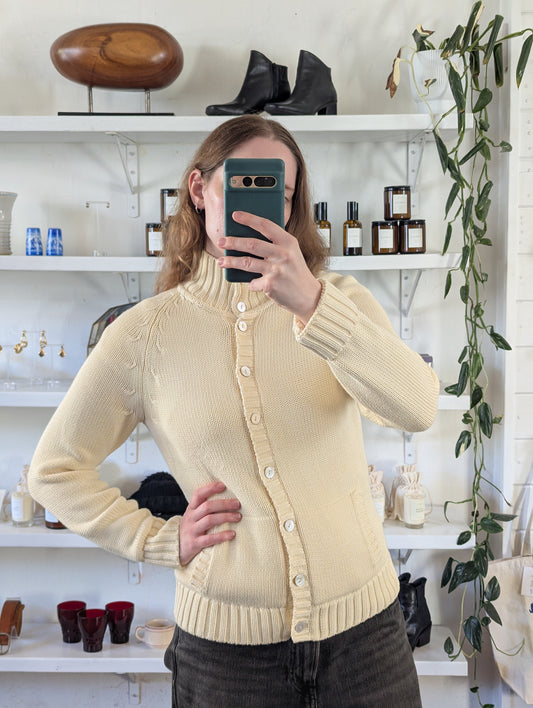 Vintage Ivory Convertible Stand-Collar Cotton Cardigan Sweater