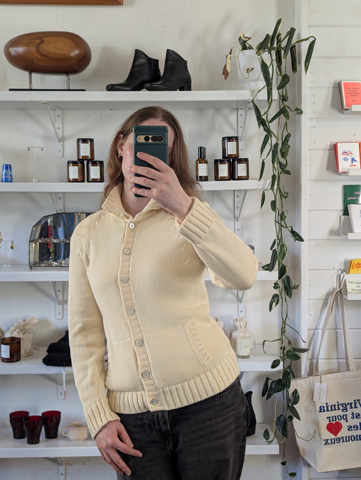Vintage Ivory Convertible Stand-Collar Cotton Cardigan Sweater