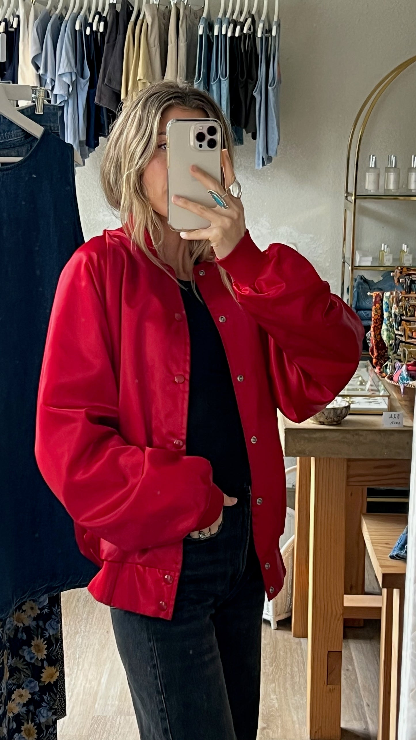 Vintage Cherry Satin Bomber Jacket