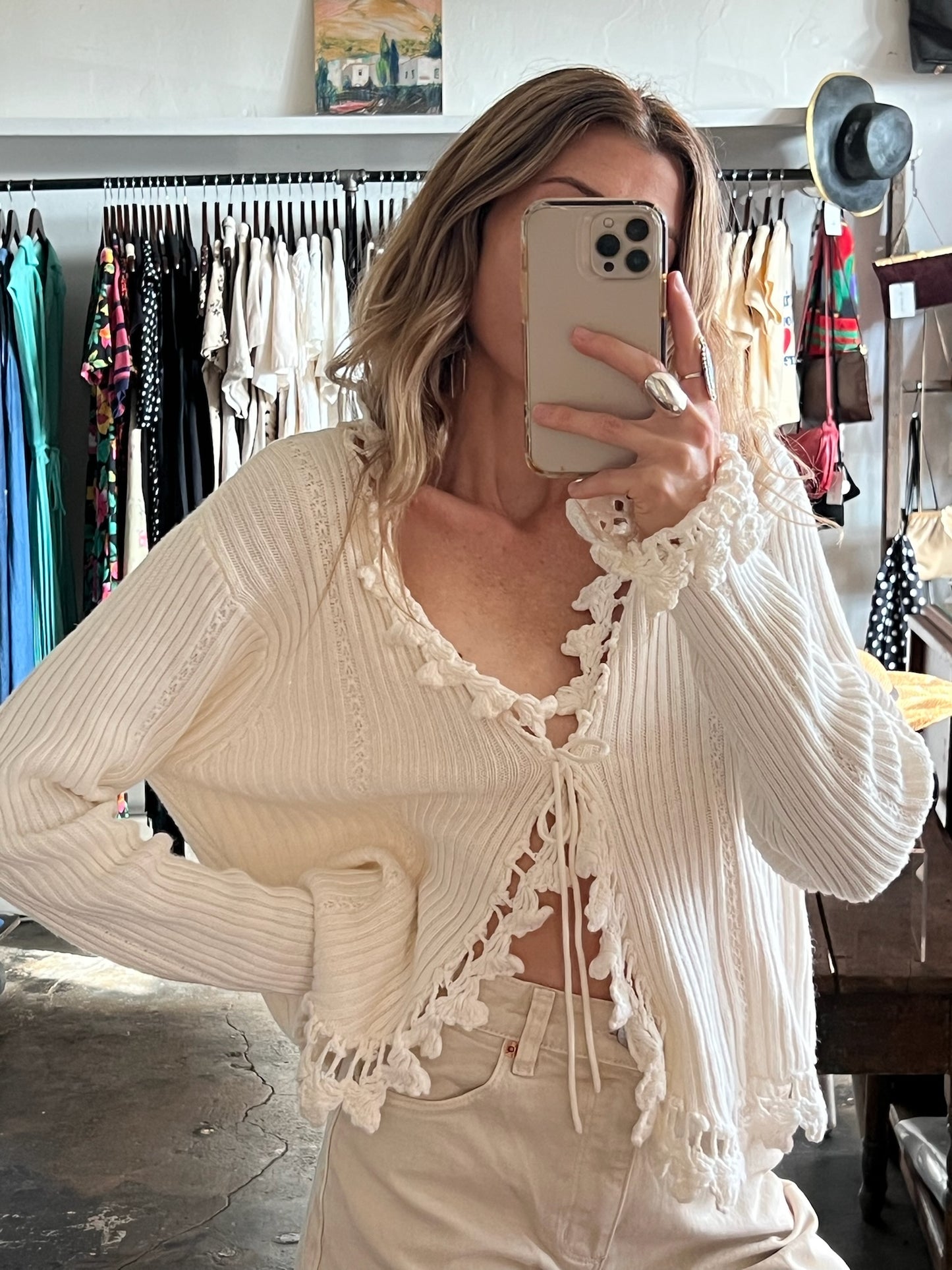Vintage Ruffled Knit Tie Cardigan