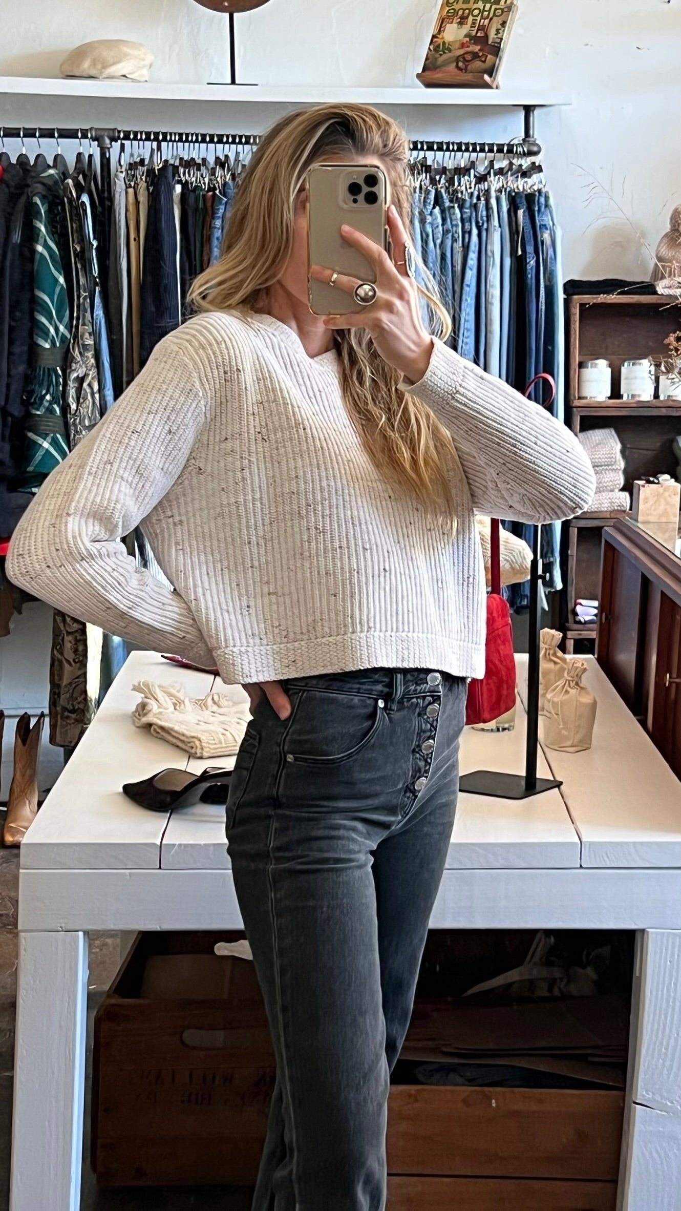 Vintage Ecru Umber-Fleck Cable Knit Sweater