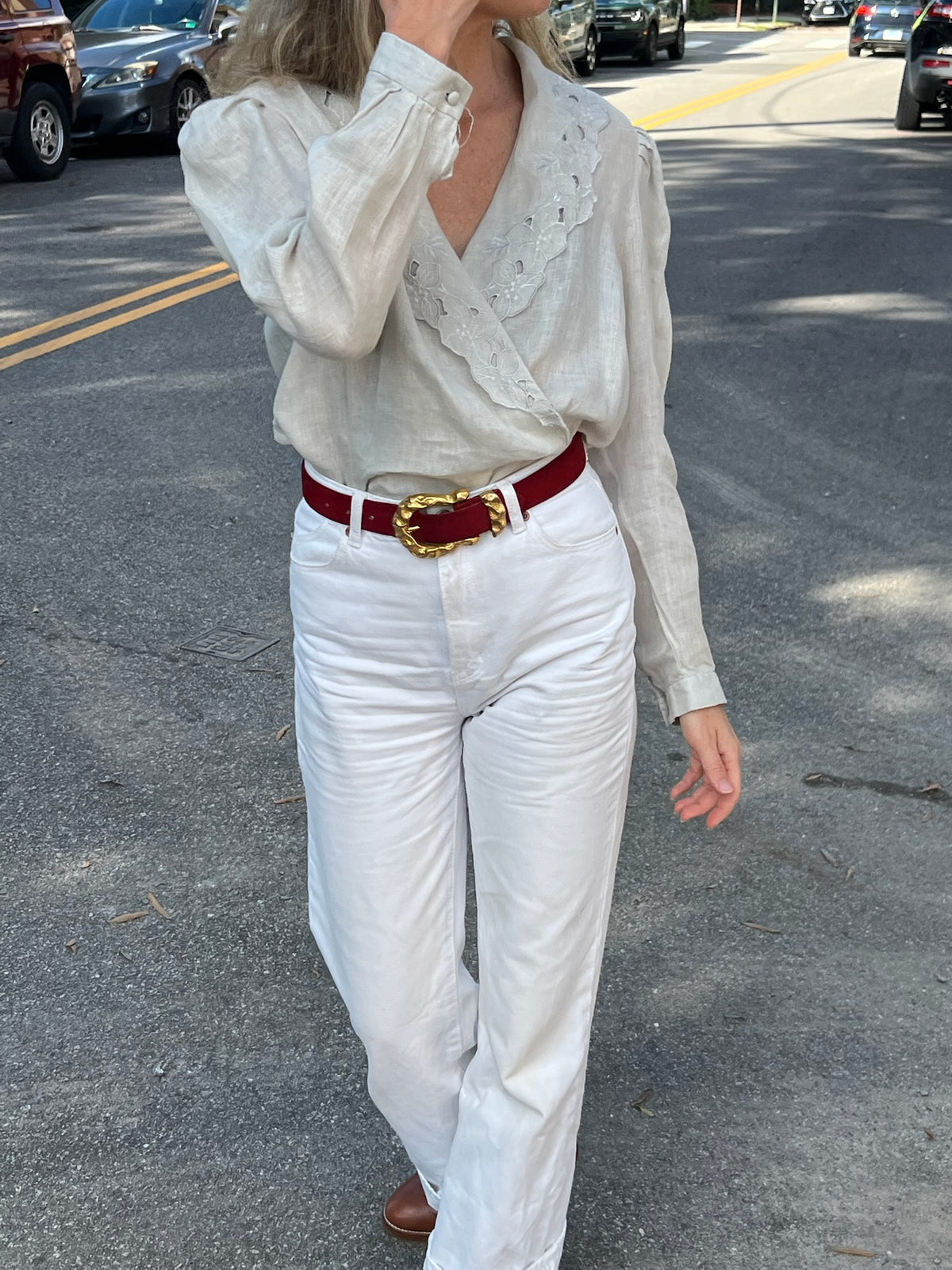 Vintage Embroidered Linen Long Sleeve Wrap Top