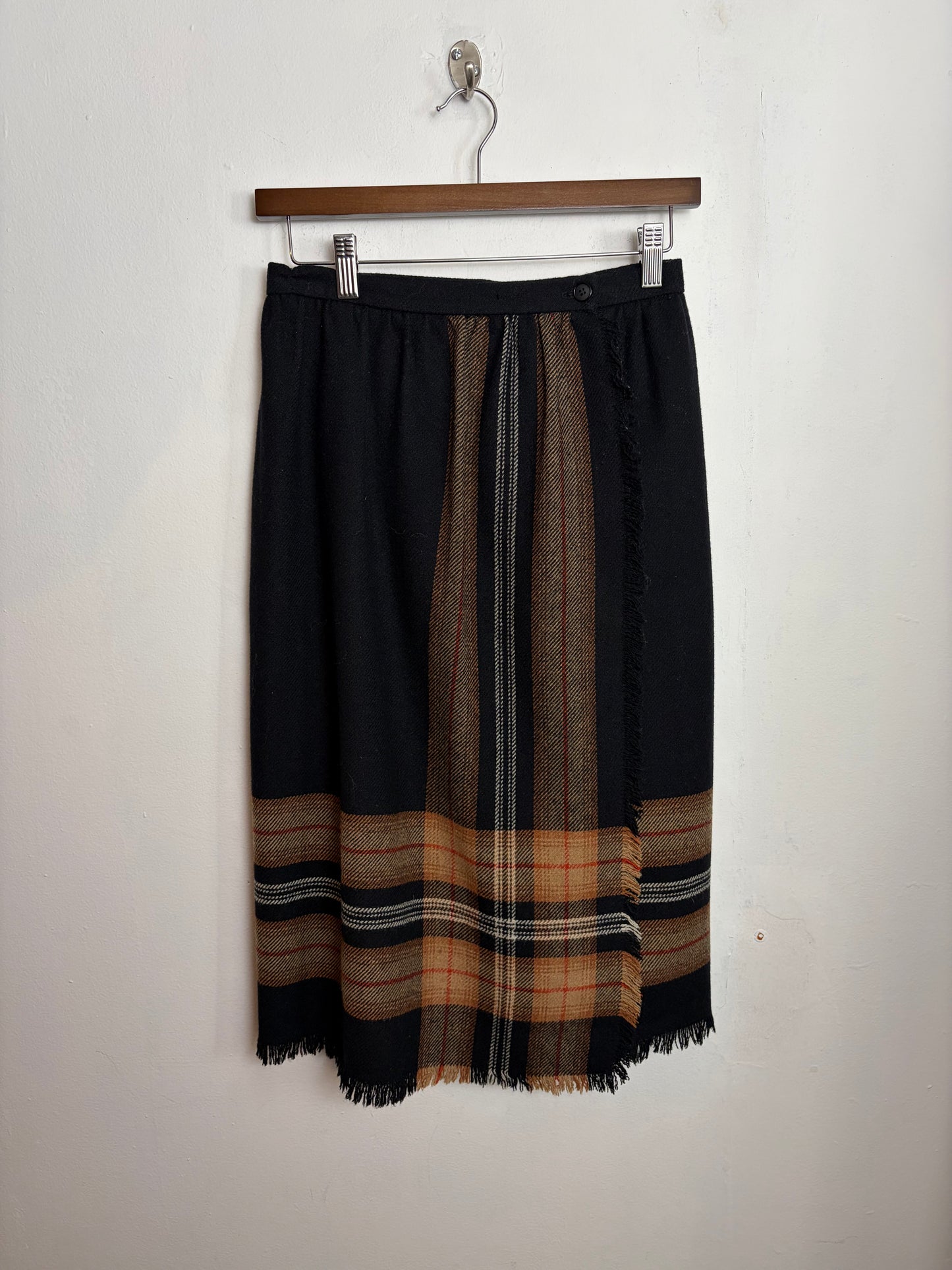 Vintage Plaid Wool Fringe-Hem Skirt