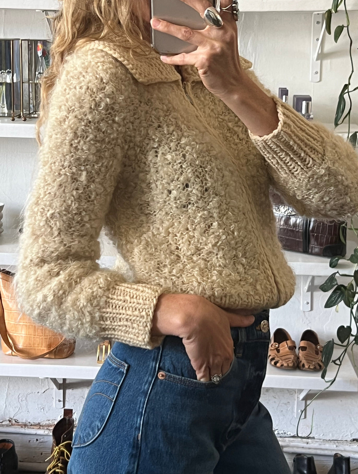 Vintage Natural Ivory Mohair Cropped Knit Zip Jacket