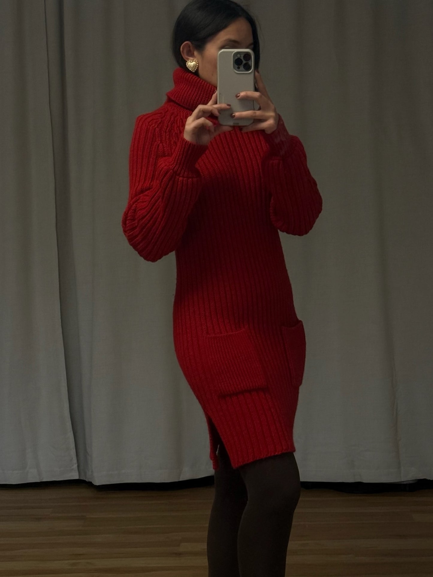 Vintage Crimson Ribbed Knit Wool Dress