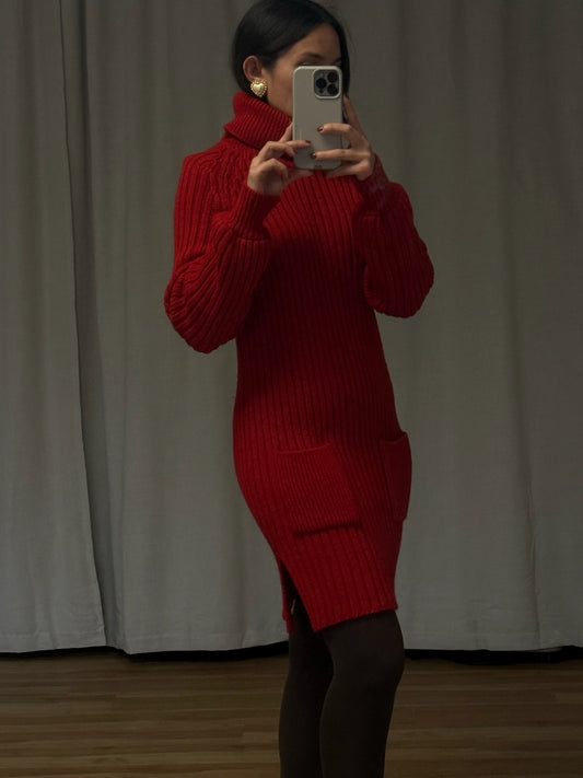 Vintage Crimson Ribbed Knit Wool Dress