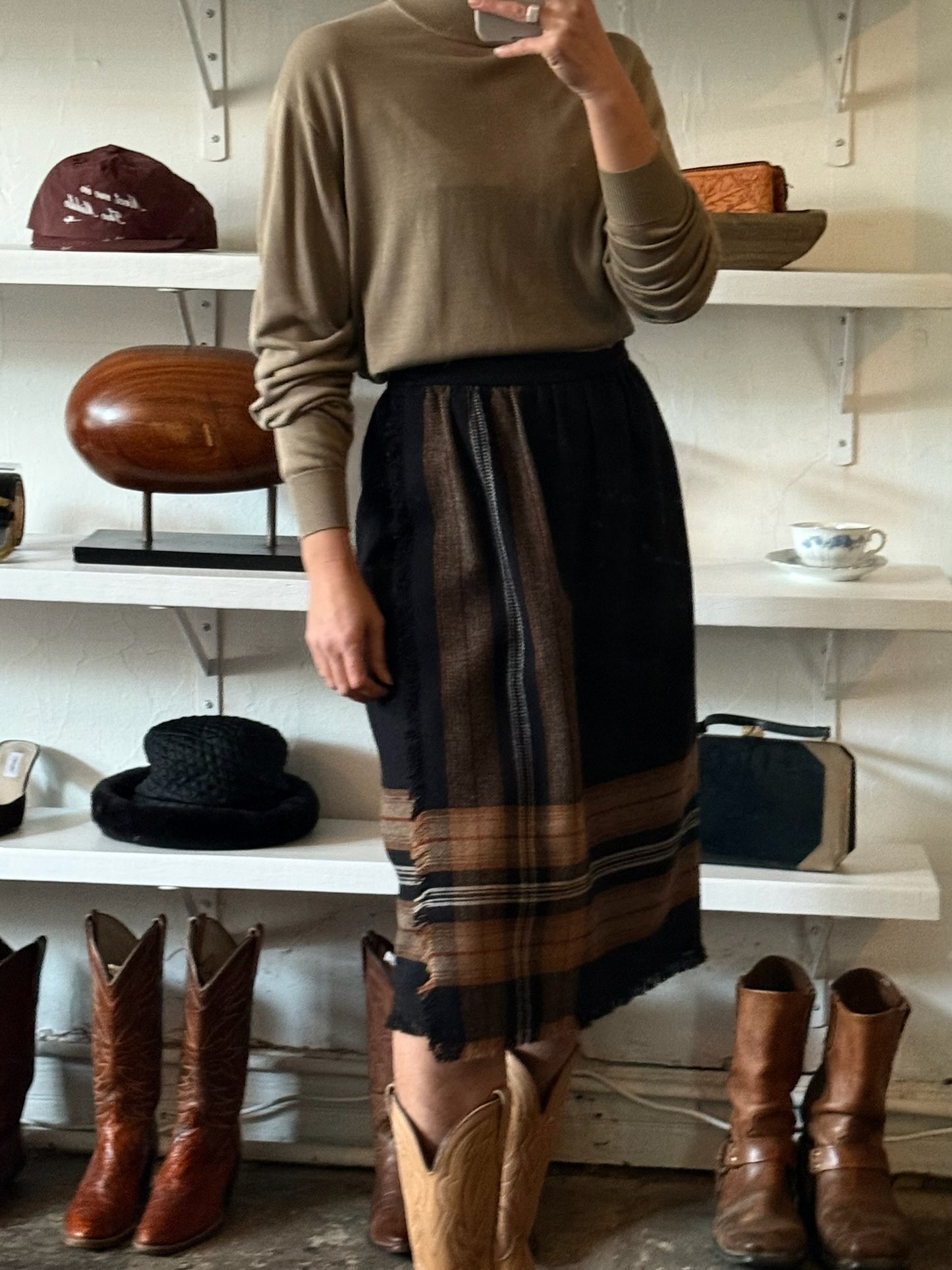 Vintage Plaid Wool Fringe-Hem Skirt