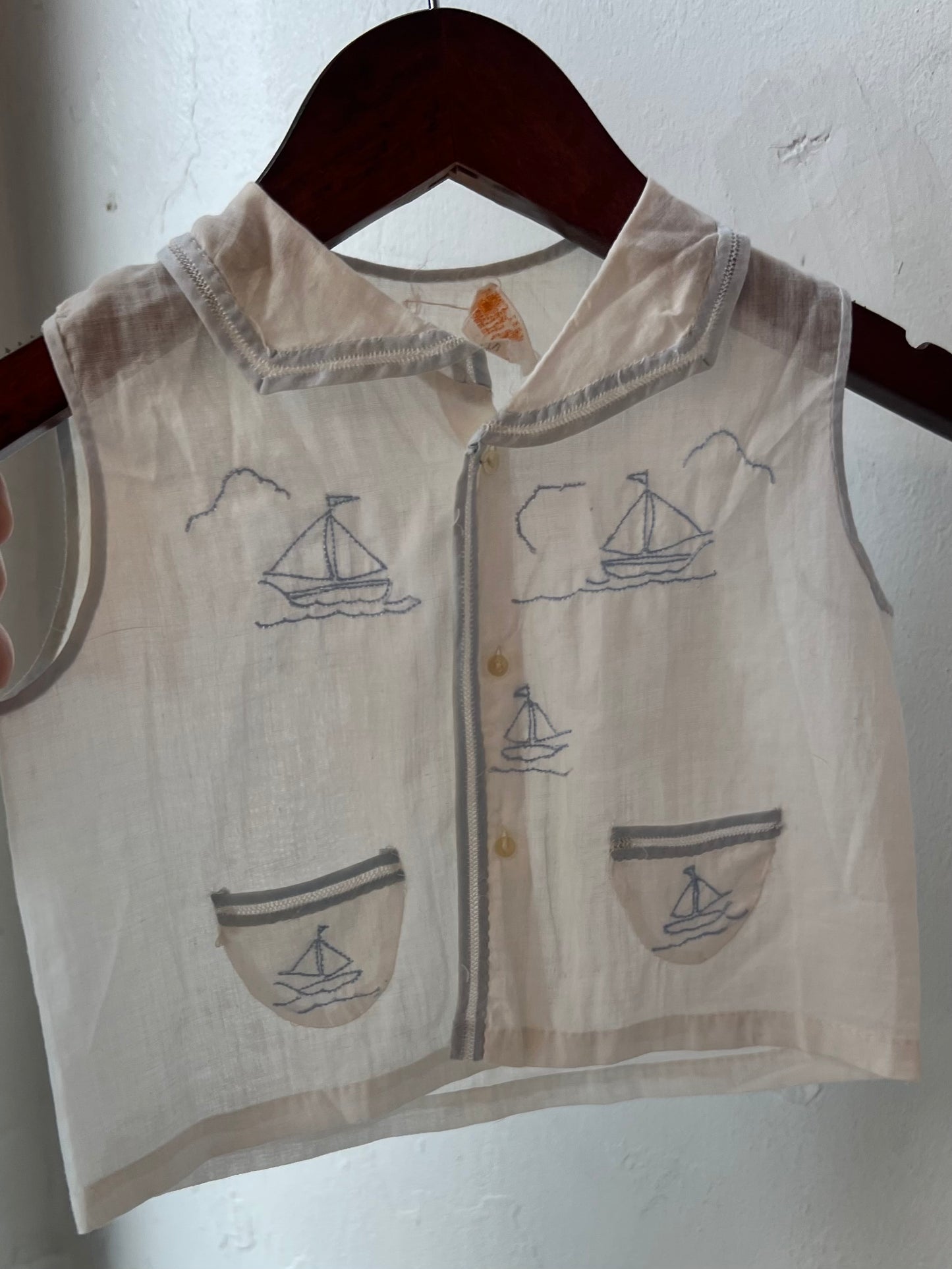 Vintage Delicate Embroidered Sailboat Infant top