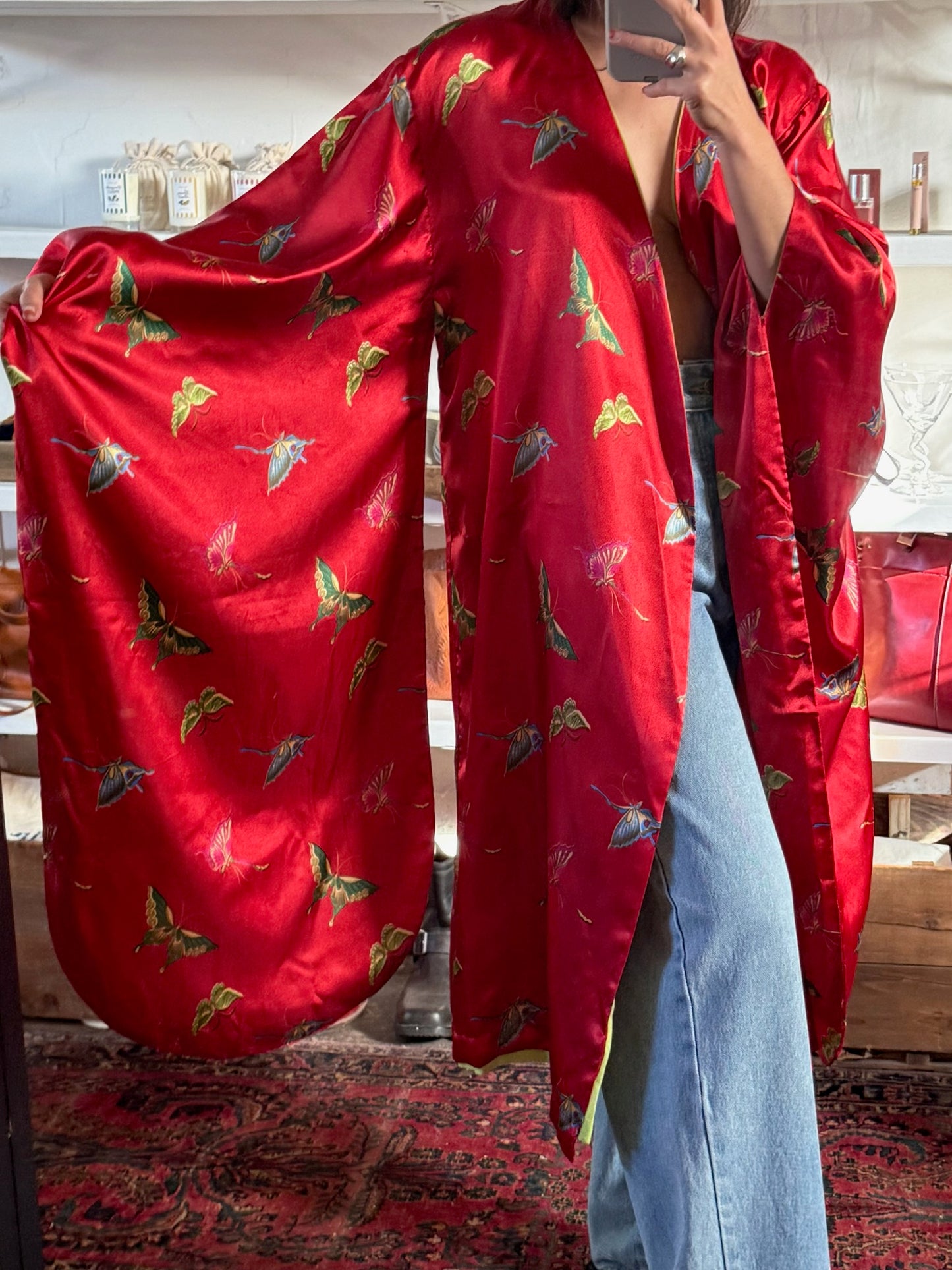 Incredible Vintage Butterfly Satin Kimono