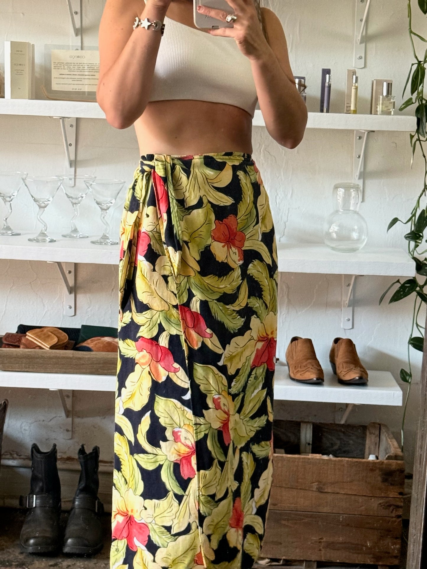 Vintage Tropical Linen Wrap Skirt