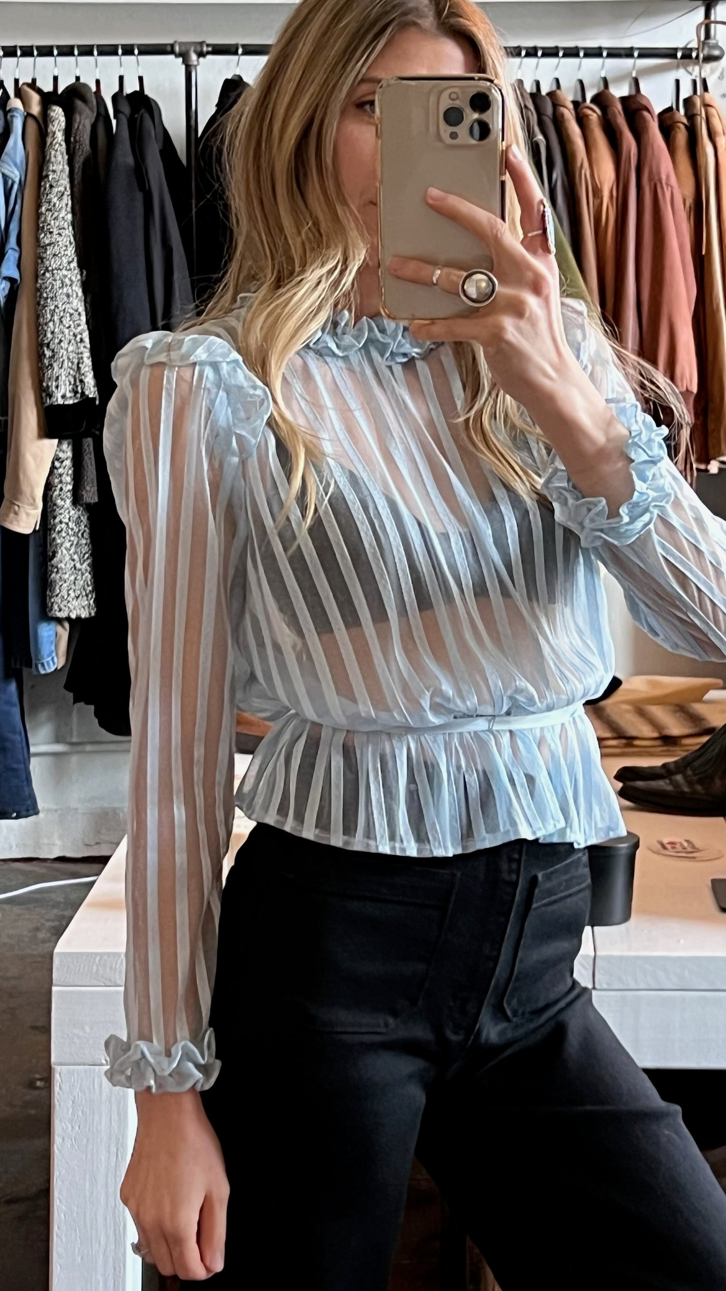 Vintage Sheer Powder Blue Ruffle Top