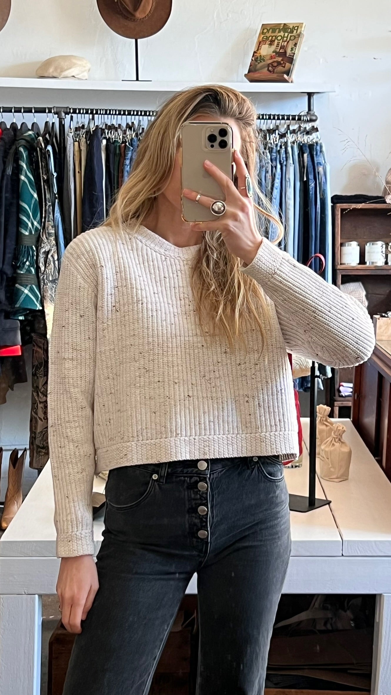 Vintage Ecru Umber-Fleck Cable Knit Sweater